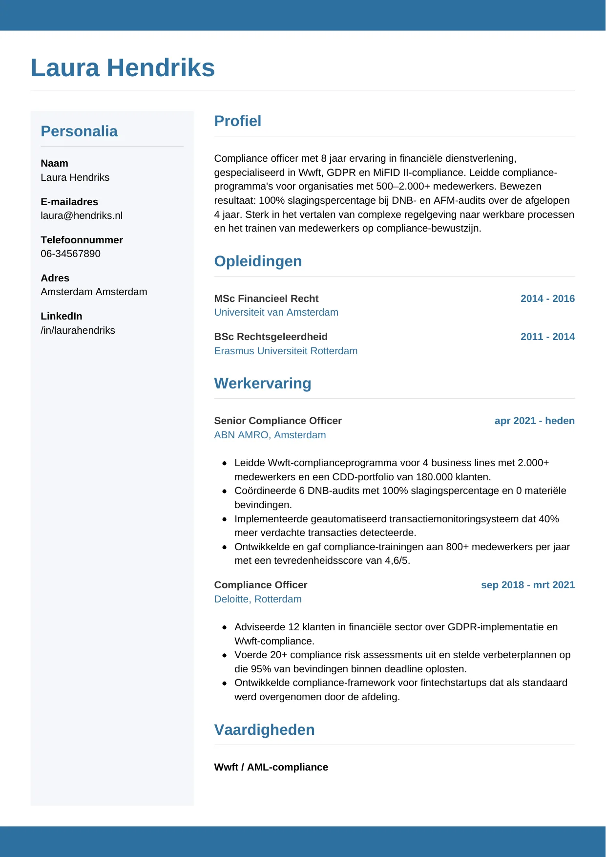 Voorbeeld CV voor compliance officer in template Horizontaal. CV Horizontaal voor compliance officer