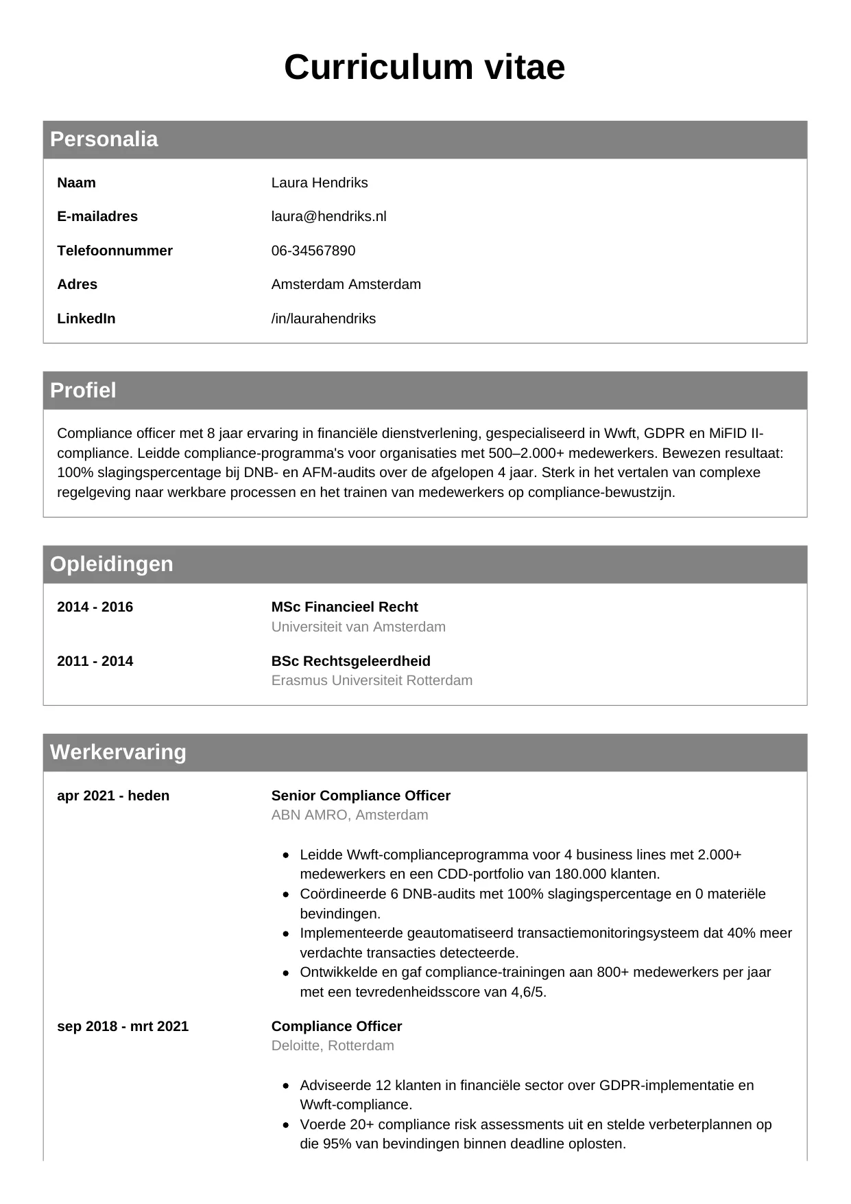 Voorbeeld CV voor compliance officer in template Klassiek. CV Klassiek voor compliance officer