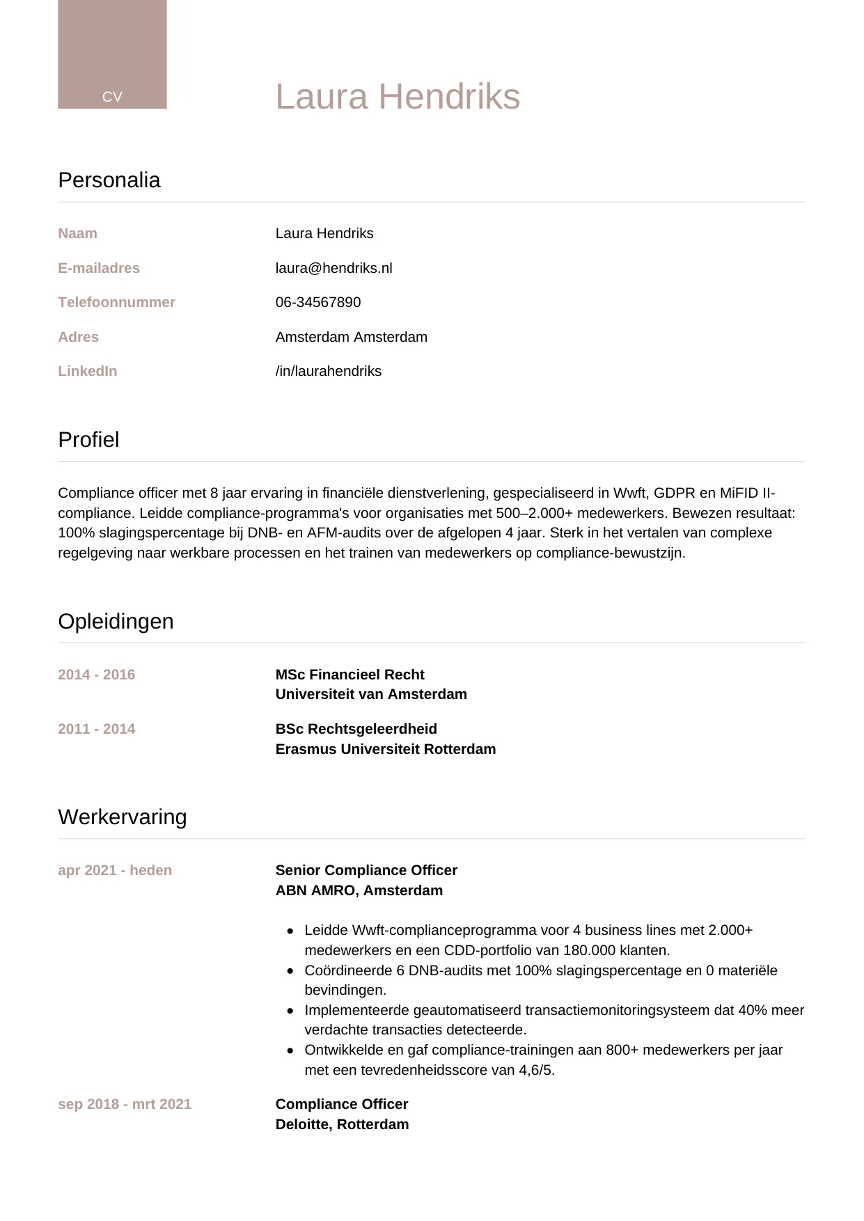 Voorbeeld CV voor compliance officer in template Luxe. CV Luxe voor compliance officer