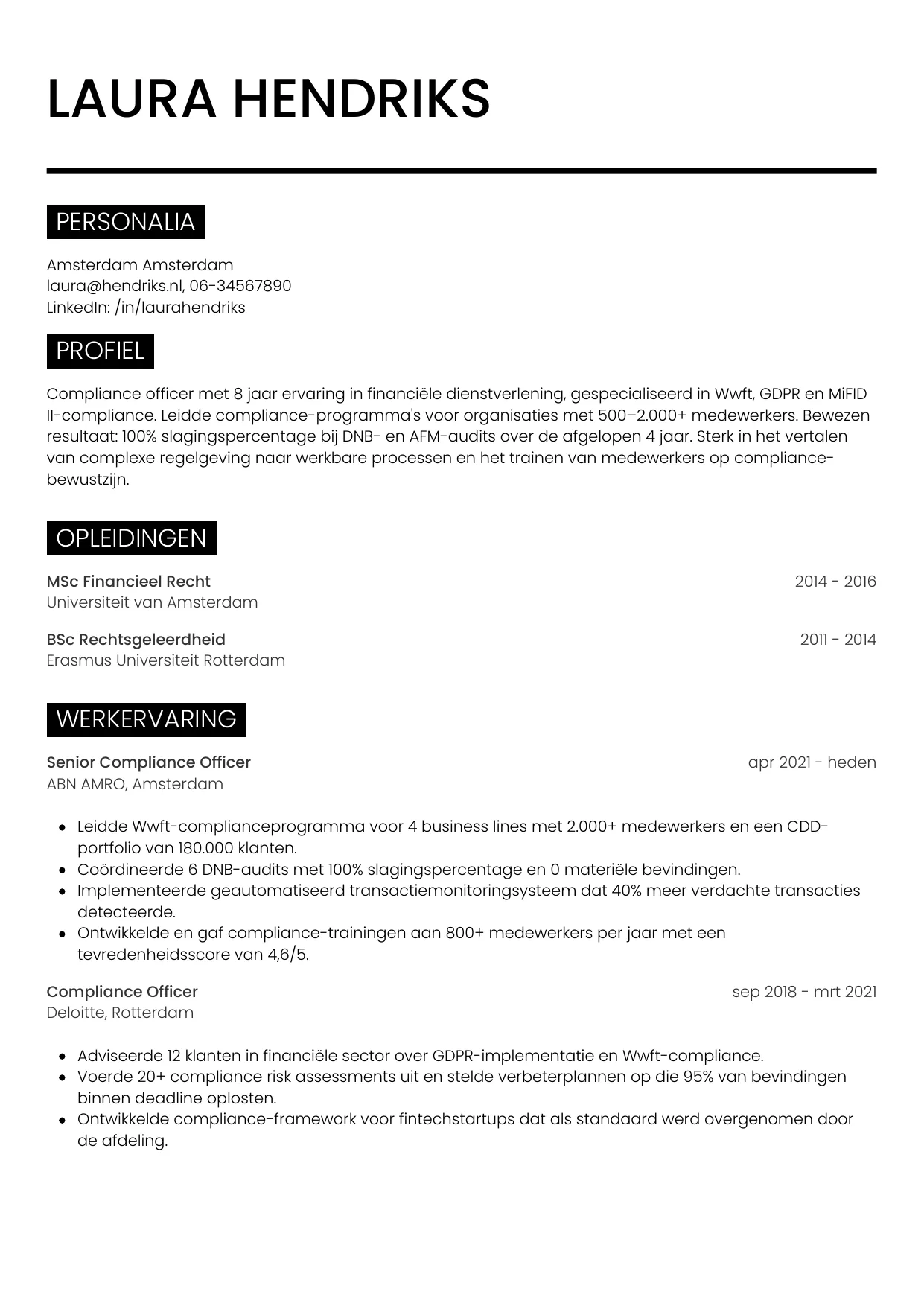 Voorbeeld CV voor compliance officer in template Metro. CV Metro voor compliance officer