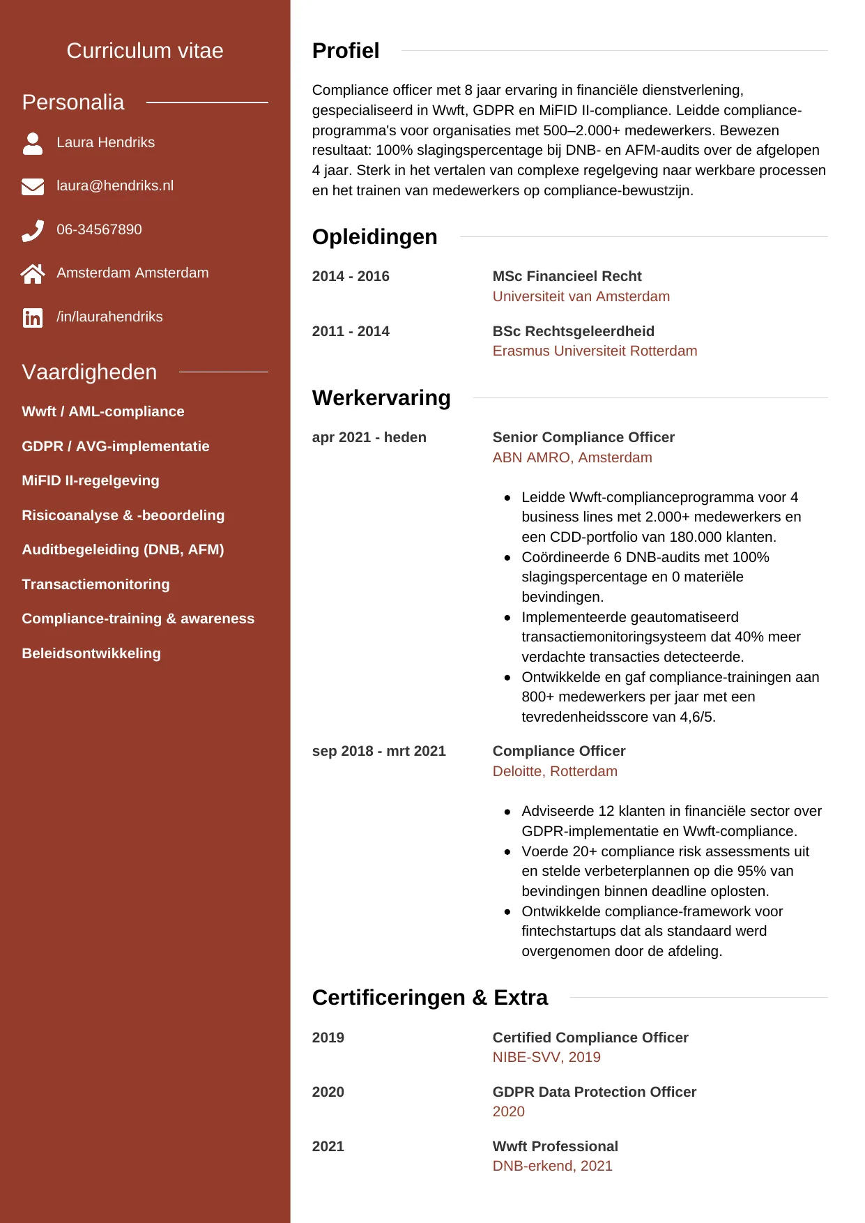 Voorbeeld CV voor compliance officer in template Modern. CV Modern voor compliance officer