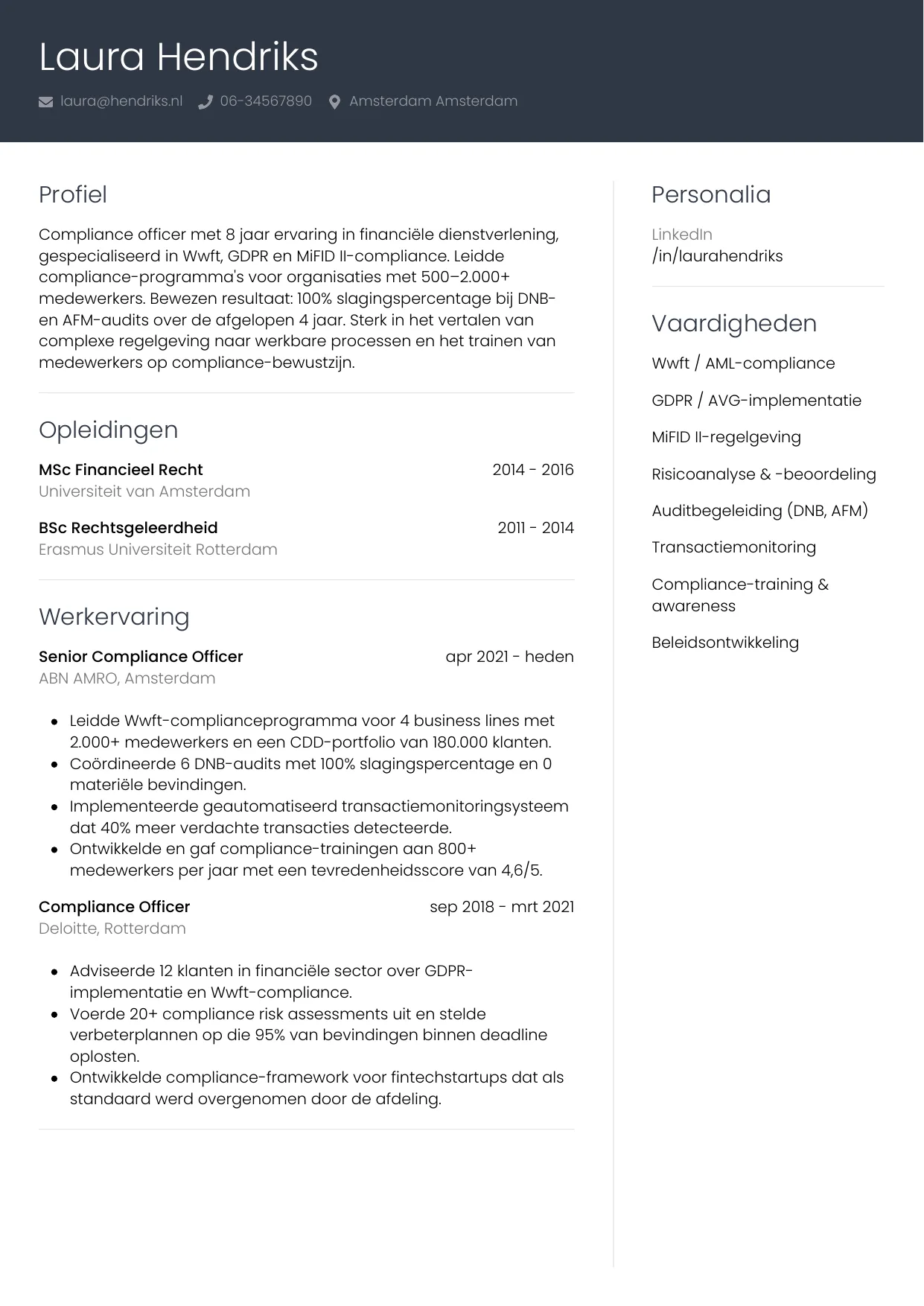 Voorbeeld CV voor compliance officer in template Professioneel. CV Professioneel voor compliance officer