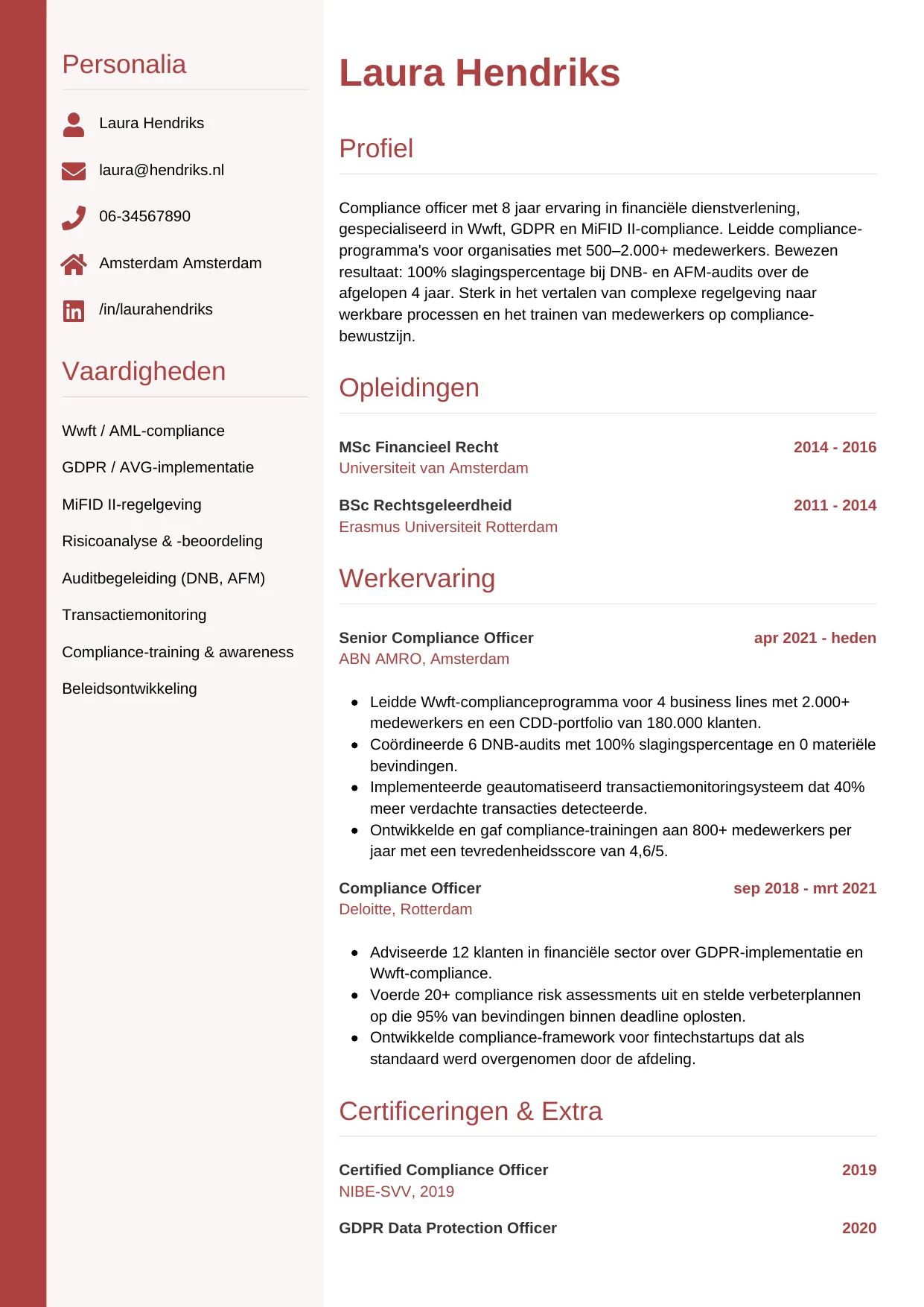 Voorbeeld CV voor compliance officer in template Verticaal. CV Verticaal voor compliance officer