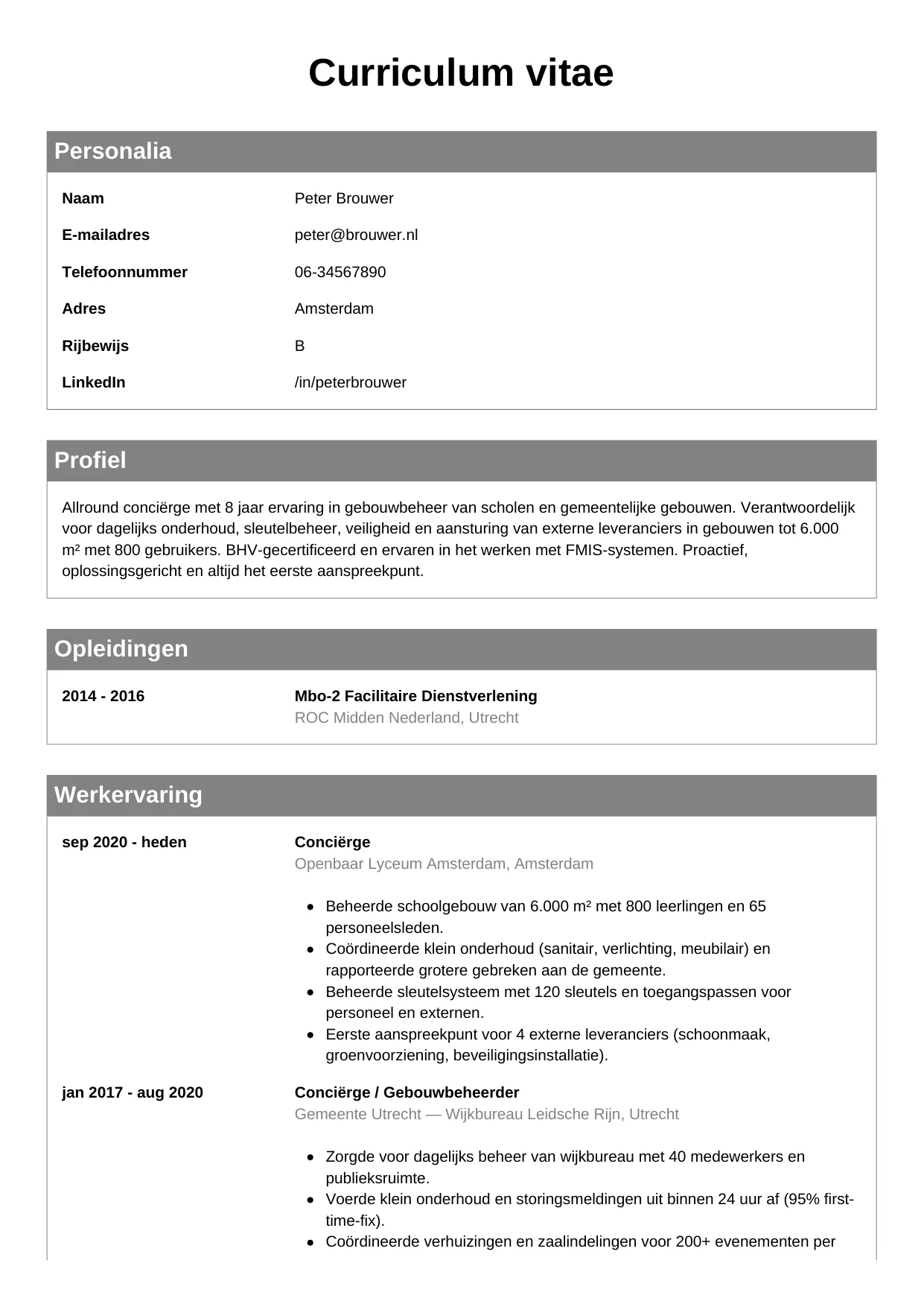 CV Klassiek voor conciërge