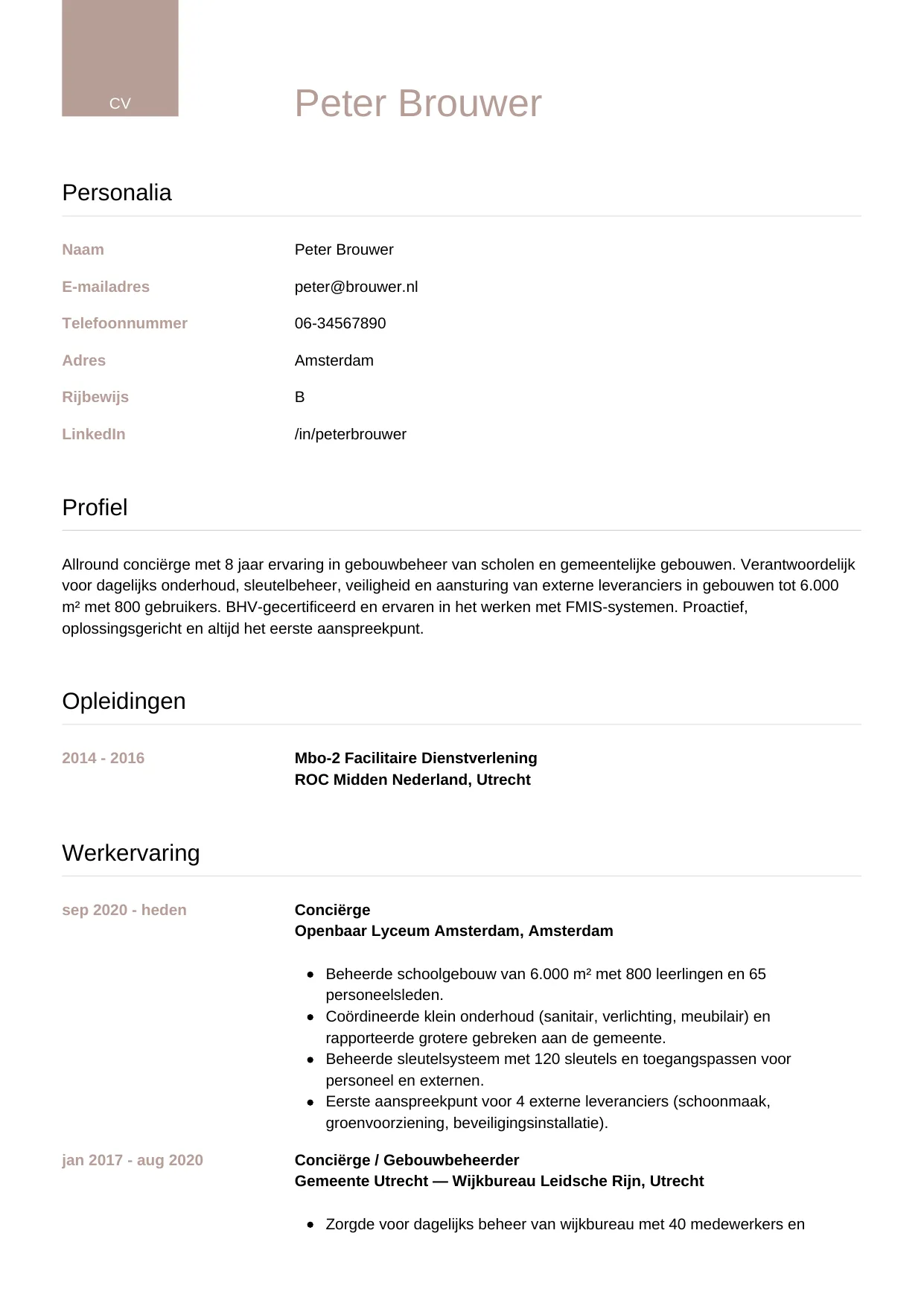 CV Luxe voor conciërge
