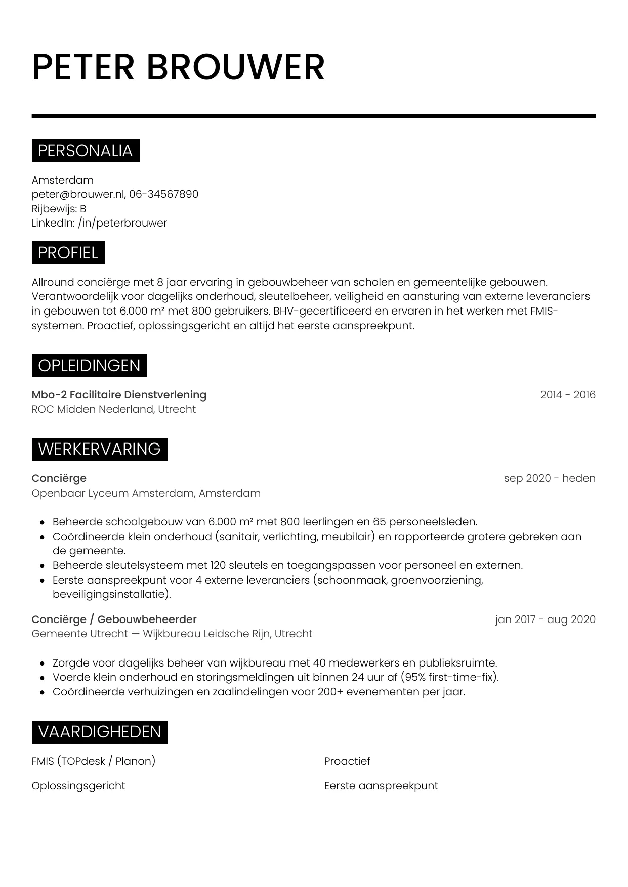 CV Metro voor conciërge