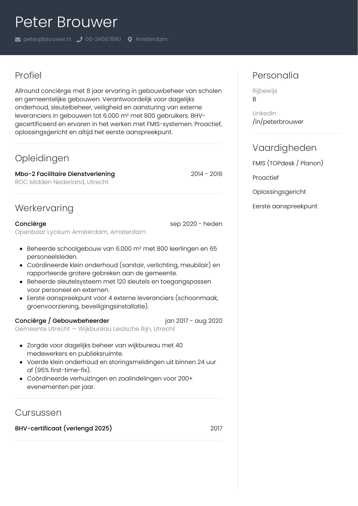 CV Professioneel voor conciërge