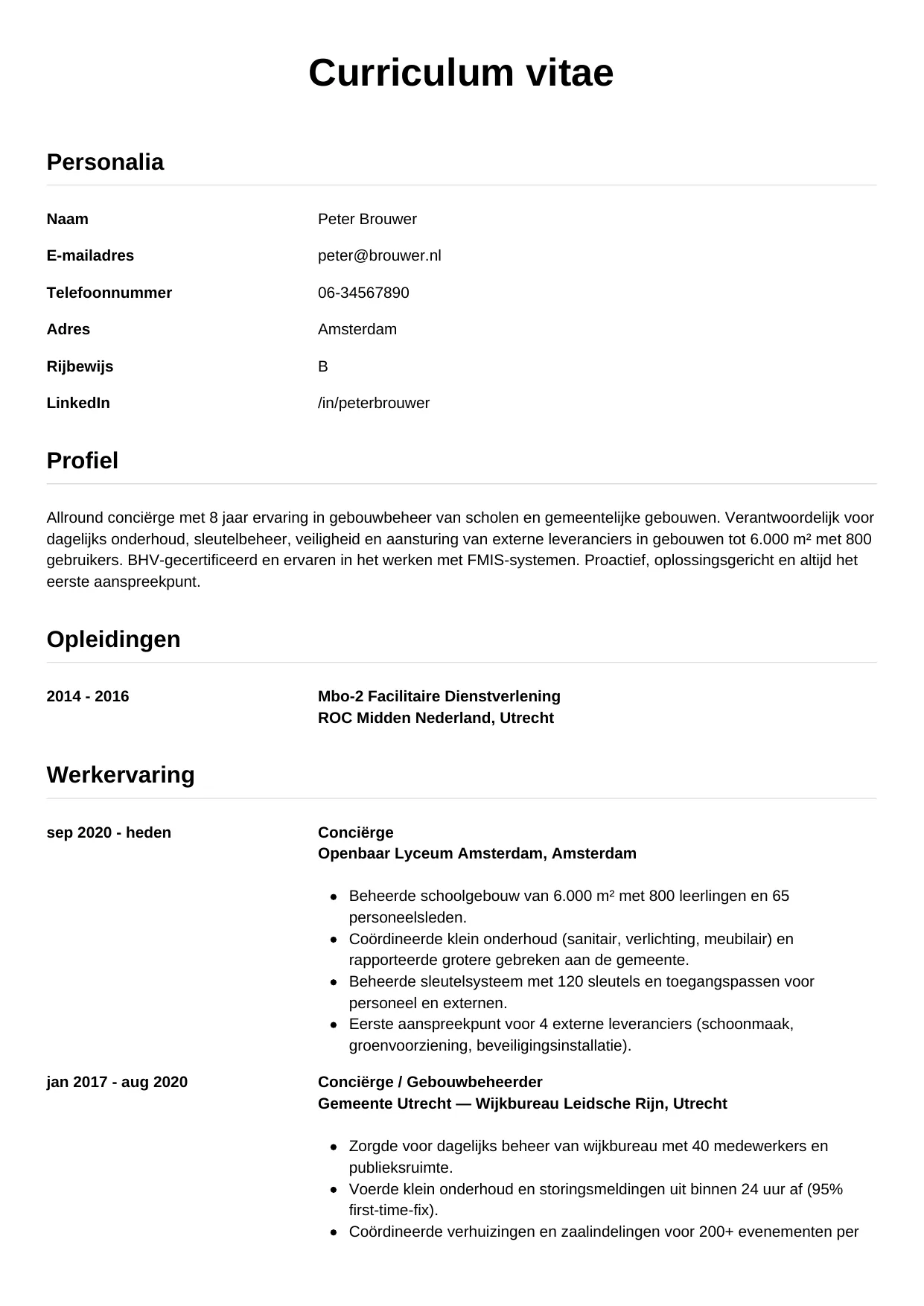 CV Simpel voor conciërge
