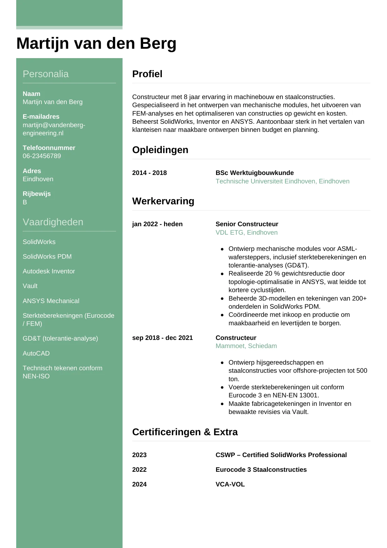 Voorbeeld CV voor constructeur in template Casual. CV Casual voor constructeur