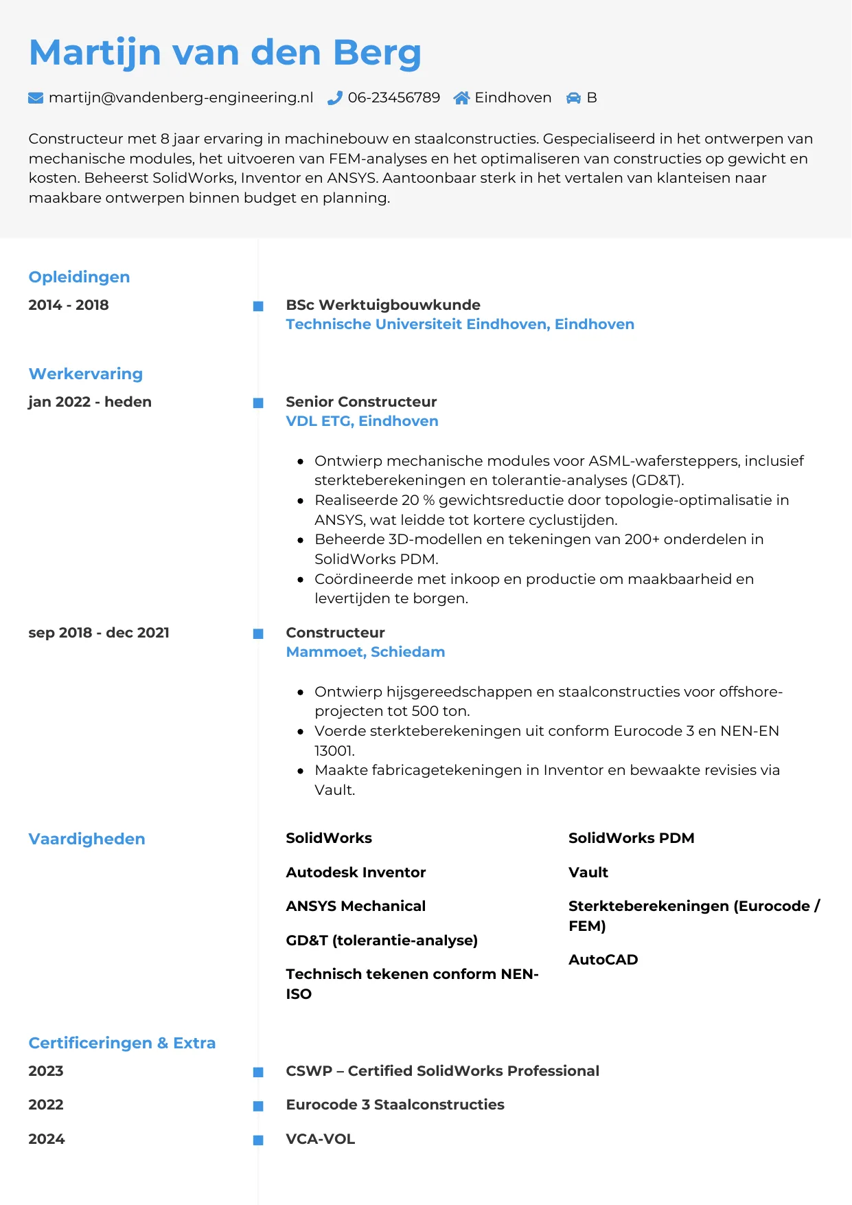 Voorbeeld CV voor constructeur in template Chrono. CV Chrono voor constructeur