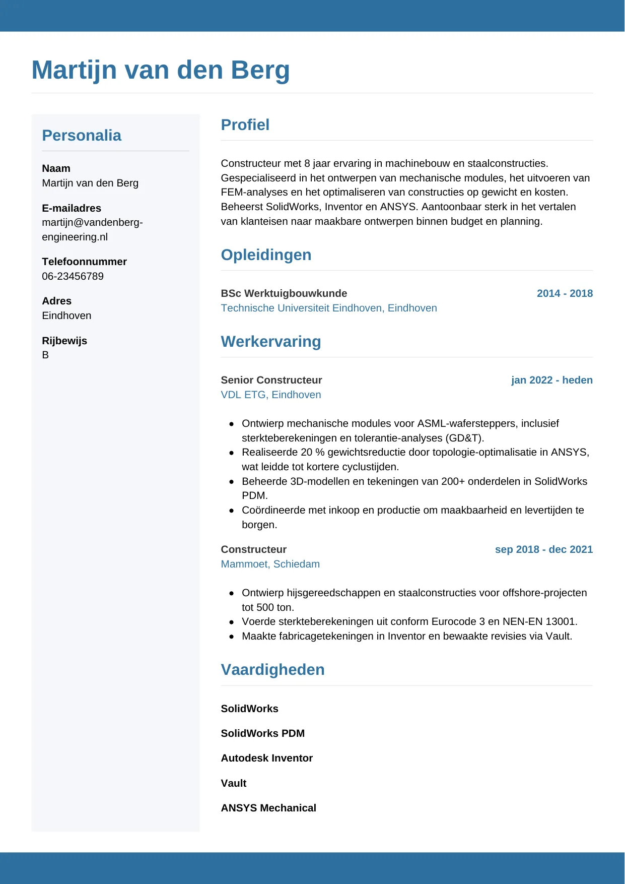 Voorbeeld CV voor constructeur in template Horizontaal. CV Horizontaal voor constructeur