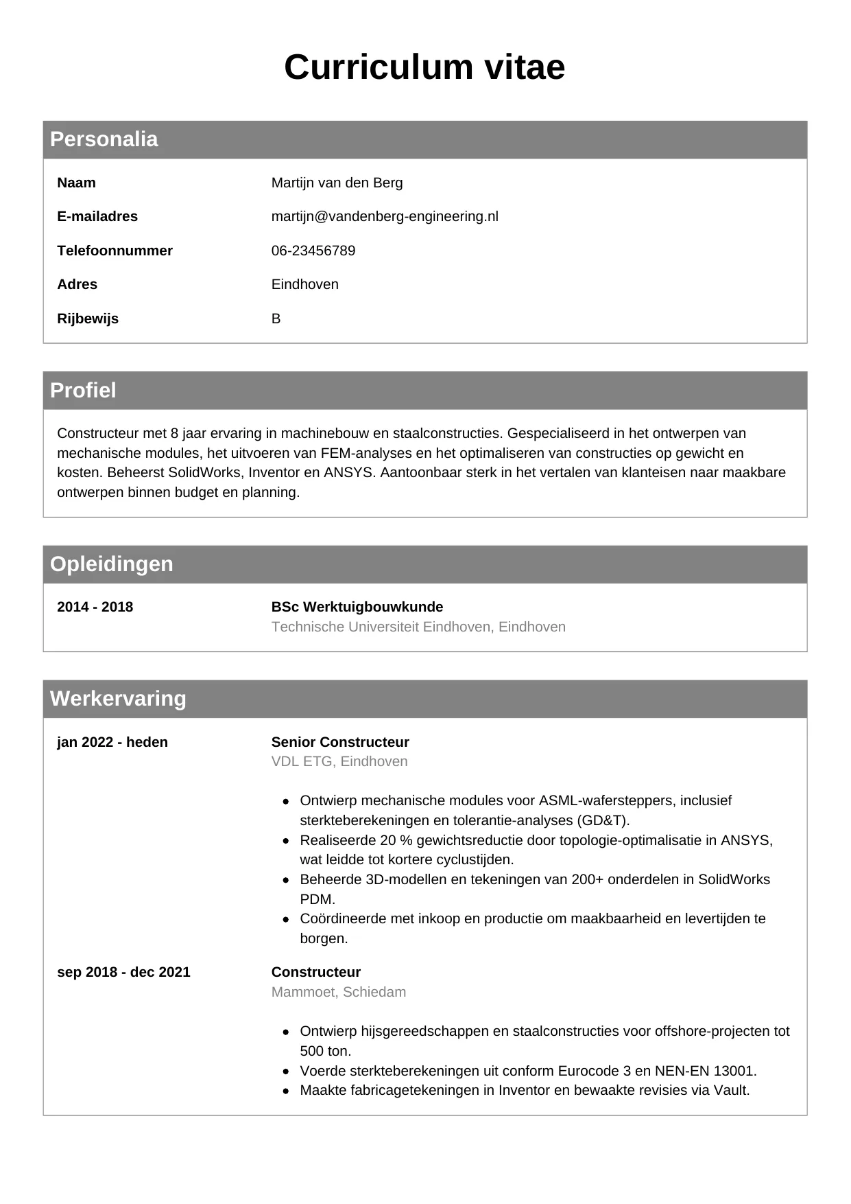 Voorbeeld CV voor constructeur in template Klassiek. CV Klassiek voor constructeur