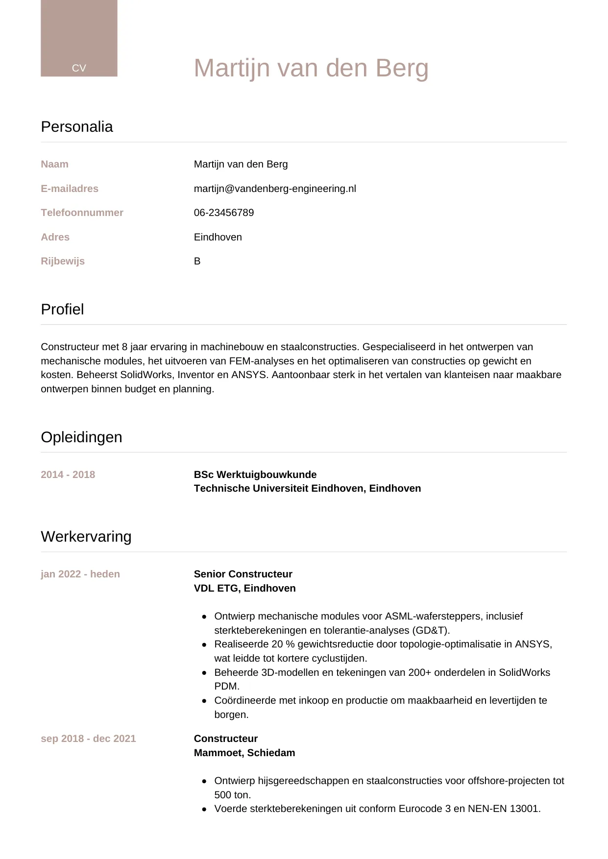 Voorbeeld CV voor constructeur in template Luxe. CV Luxe voor constructeur