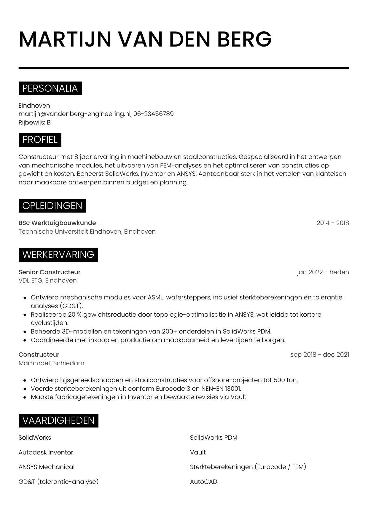 Voorbeeld CV voor constructeur in template Metro. CV Metro voor constructeur