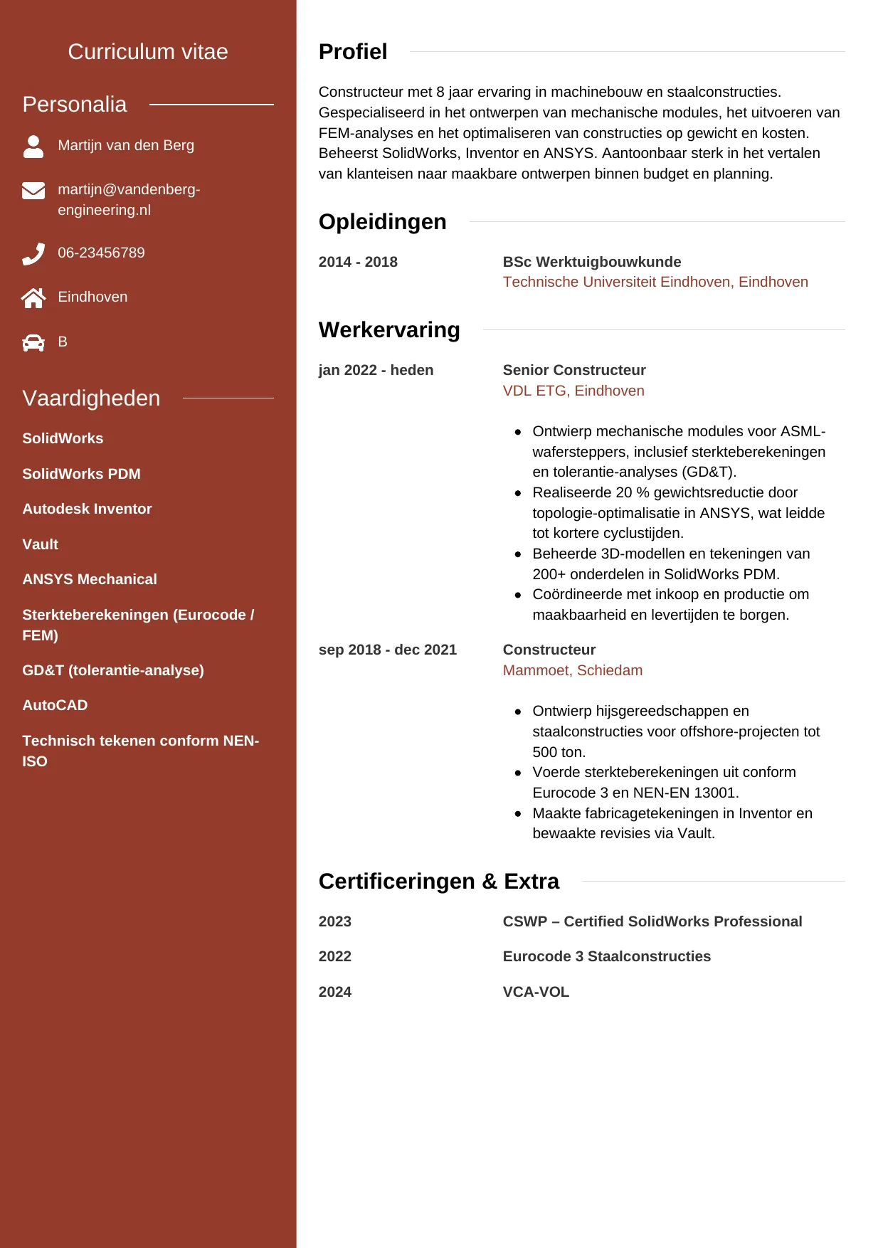Voorbeeld CV voor constructeur in template Modern. CV Modern voor constructeur