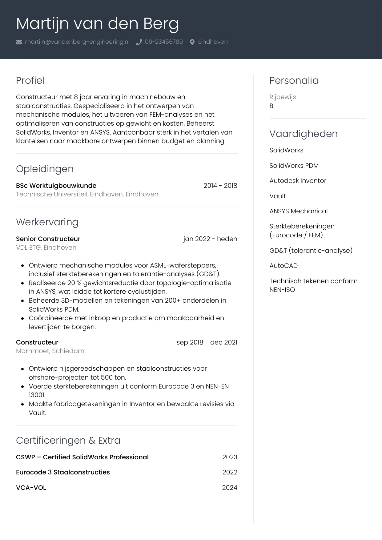 Voorbeeld CV voor constructeur in template Professioneel. CV Professioneel voor constructeur