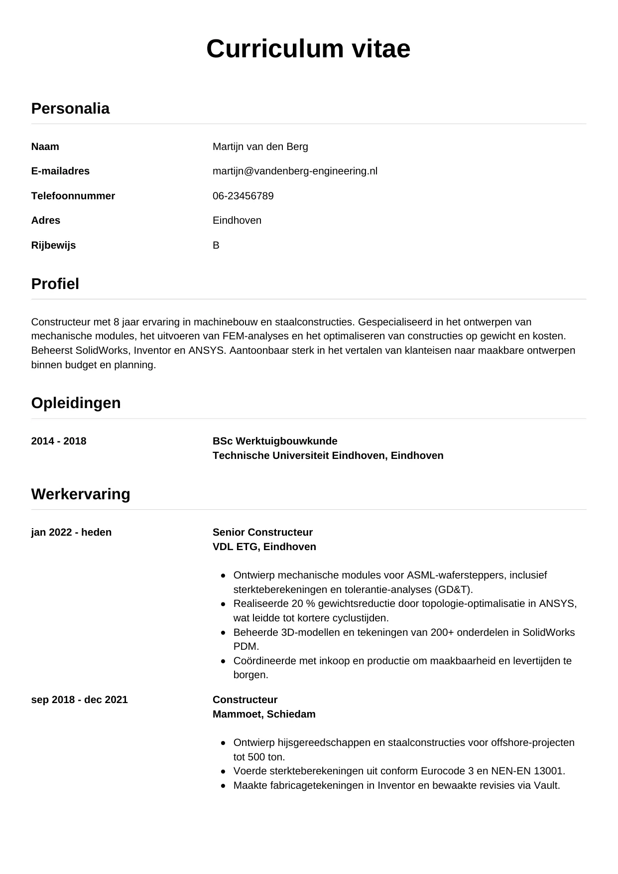 Voorbeeld CV voor constructeur in template Simpel. CV Simpel voor constructeur