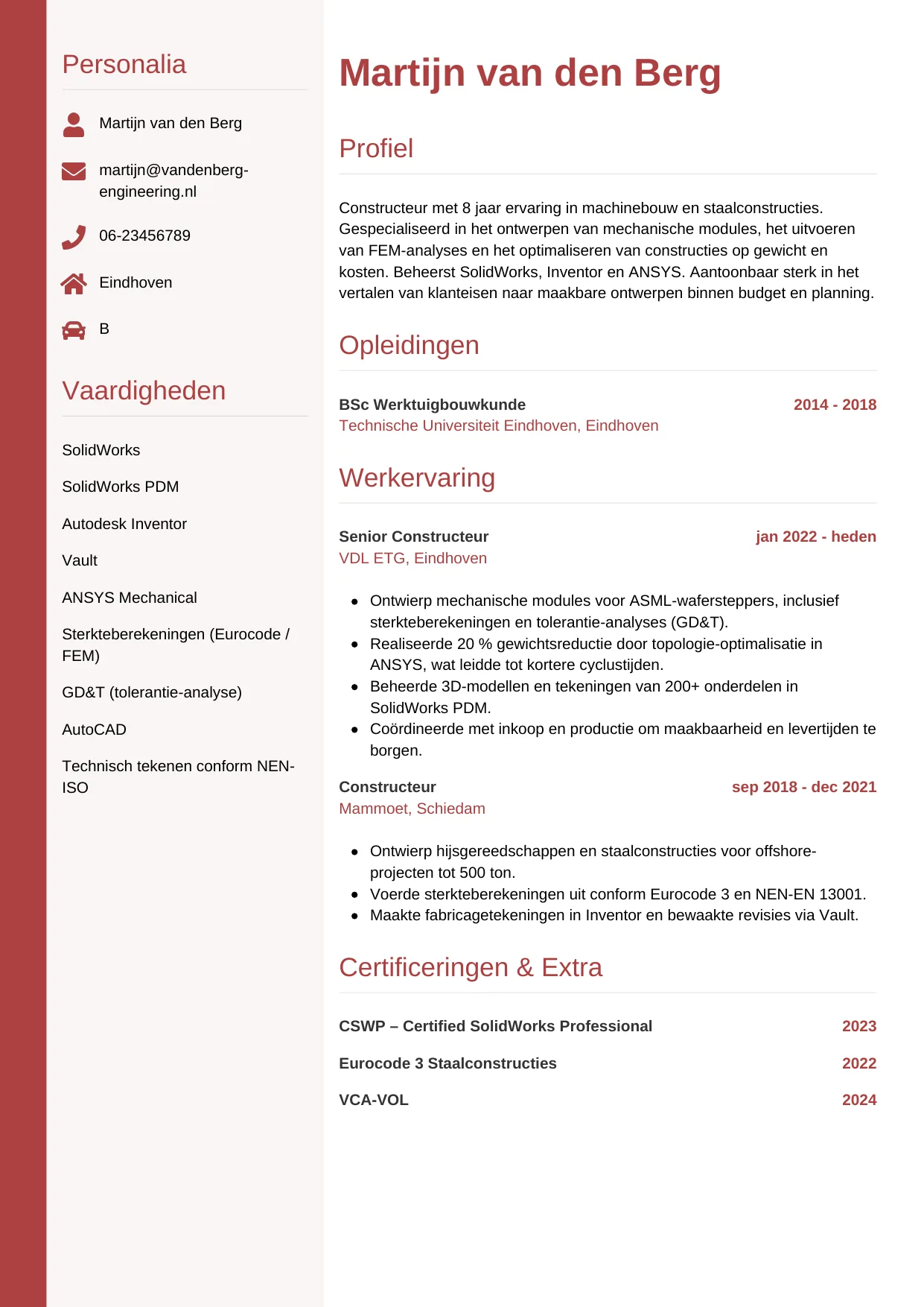Voorbeeld CV voor constructeur in template Verticaal. CV Verticaal voor constructeur