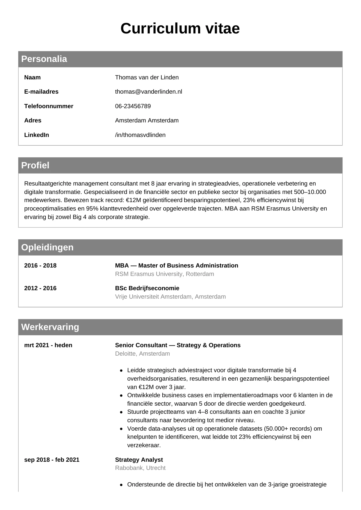 CV Klassiek voor consultant