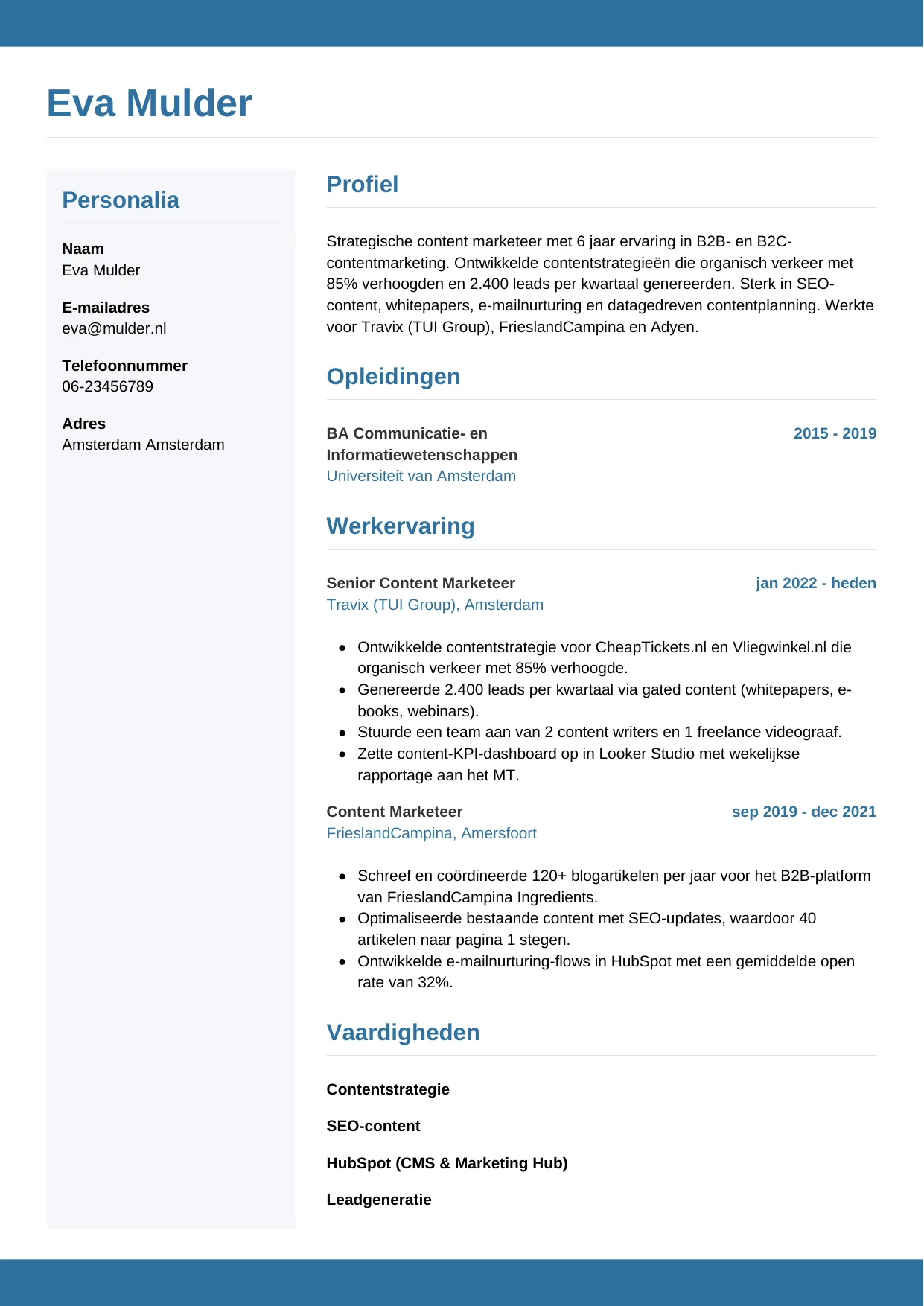 CV Horizontaal voor content marketeer