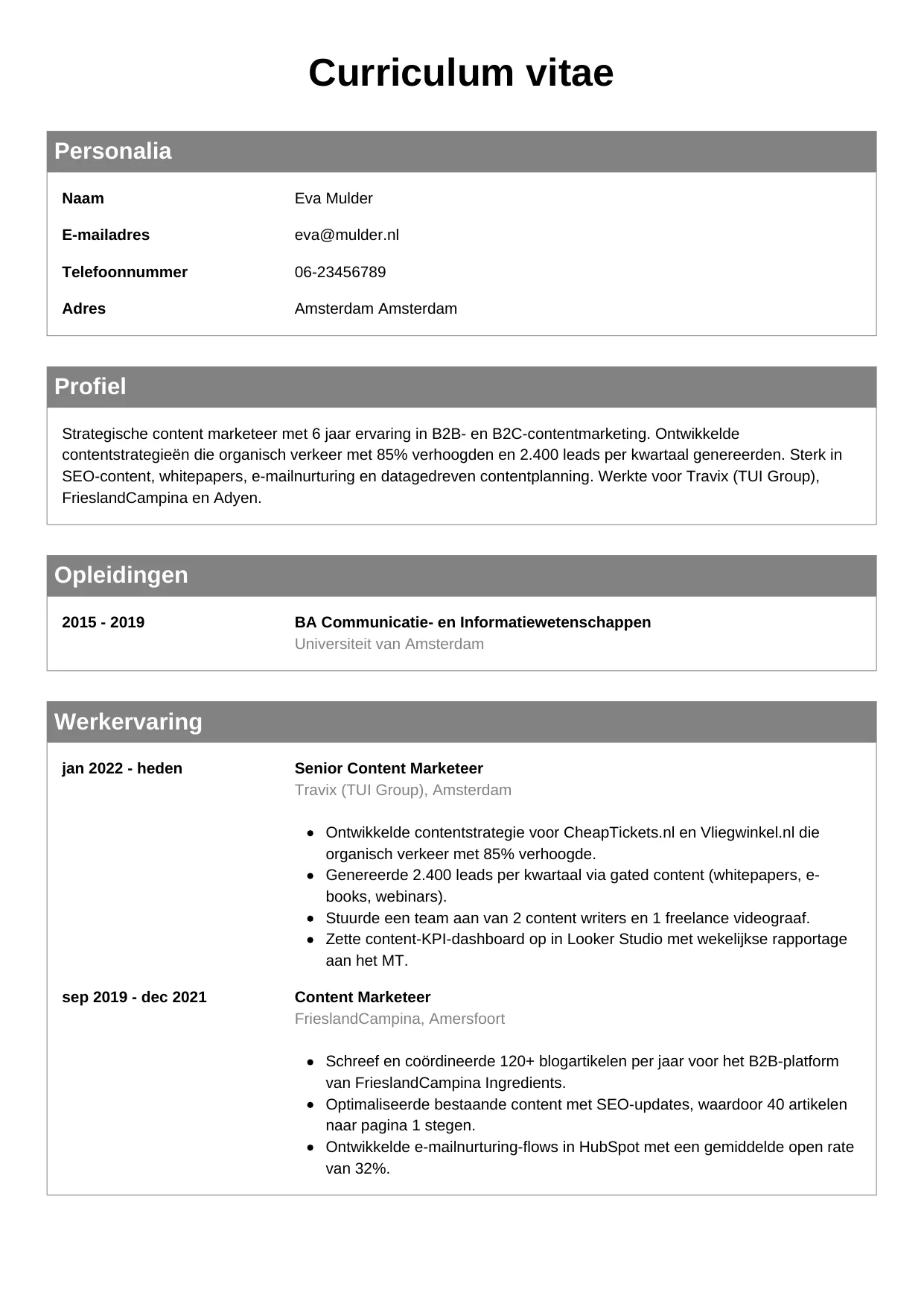 CV Klassiek voor content marketeer