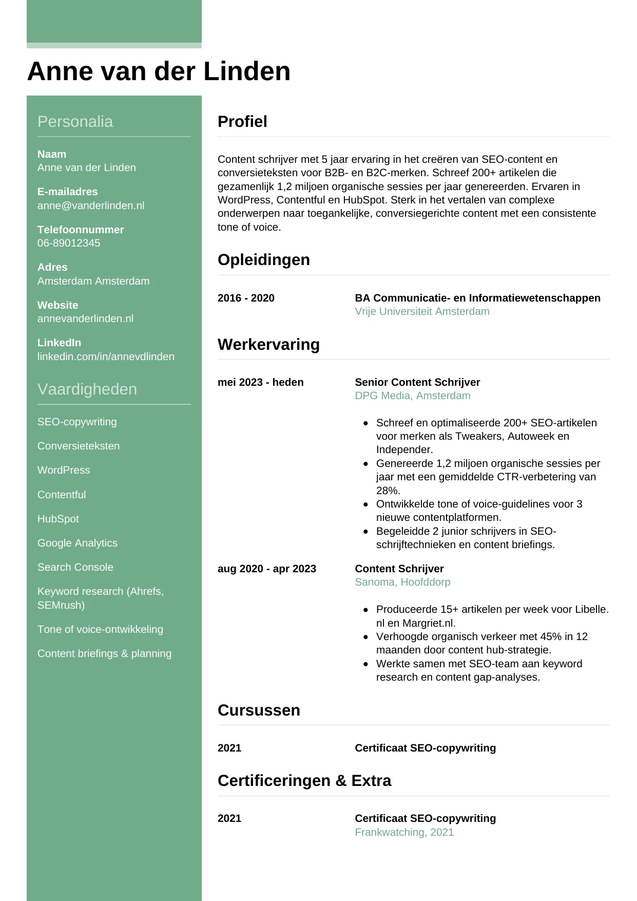Voorbeeld CV voor content schrijver in template Casual. CV Casual voor content schrijver
