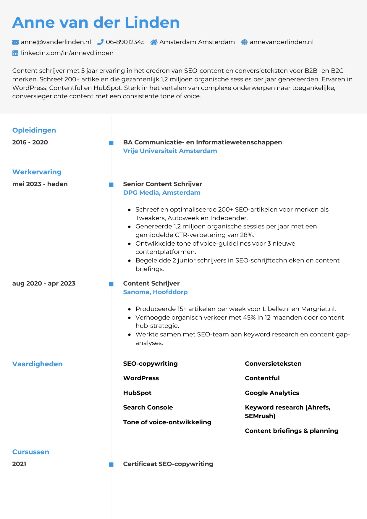 Voorbeeld CV voor content schrijver in template Chrono. CV Chrono voor content schrijver