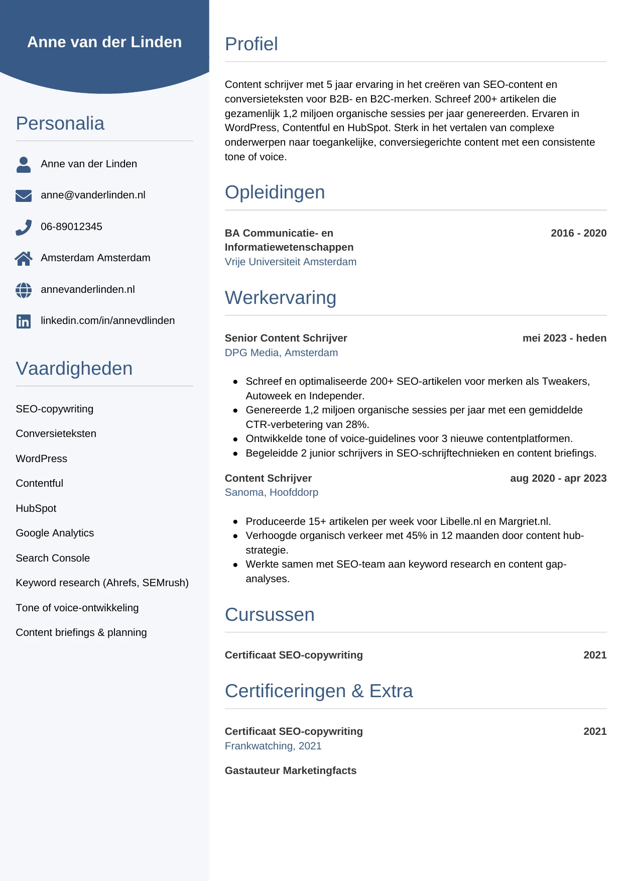 Voorbeeld CV voor content schrijver in template Circulair. CV Circulair voor content schrijver