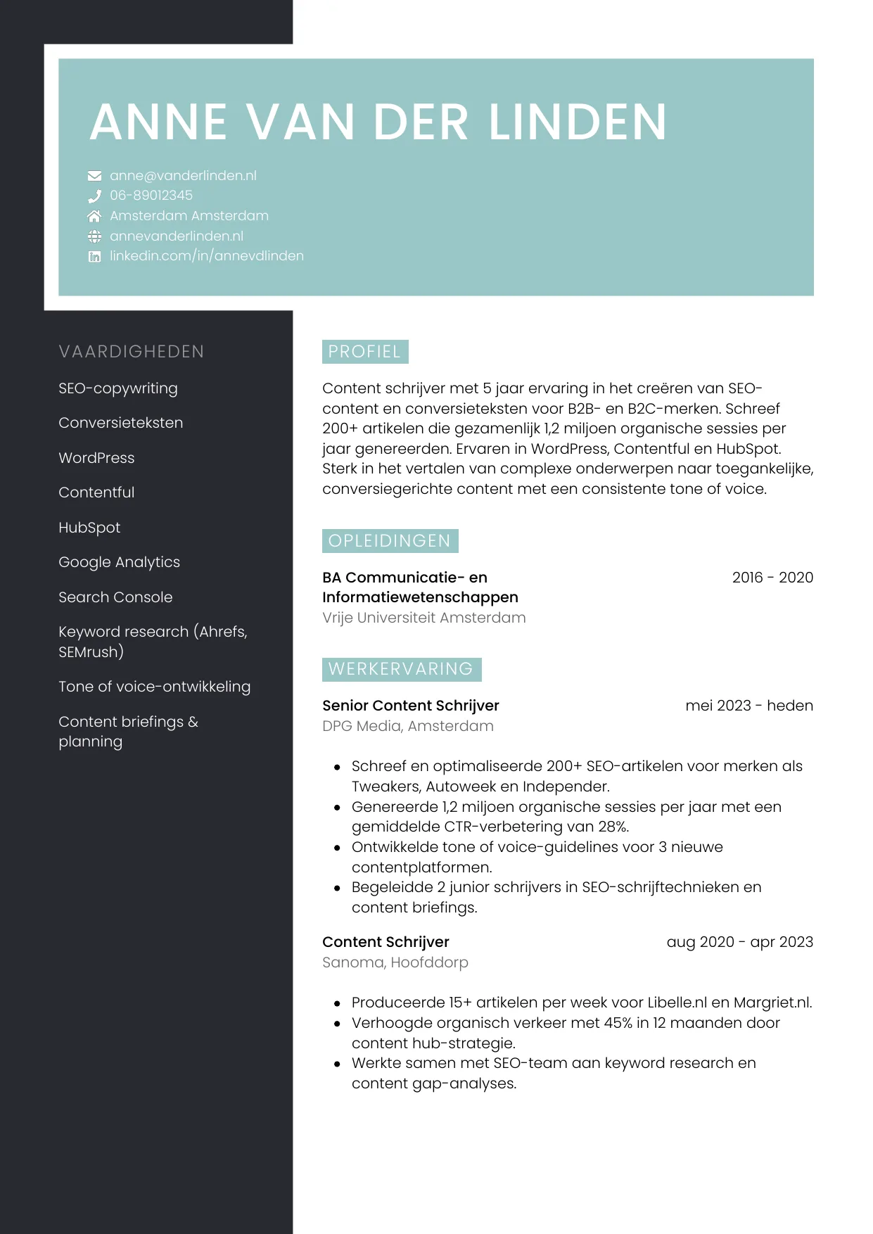 Voorbeeld CV voor content schrijver in template Elegant. CV Elegant voor content schrijver