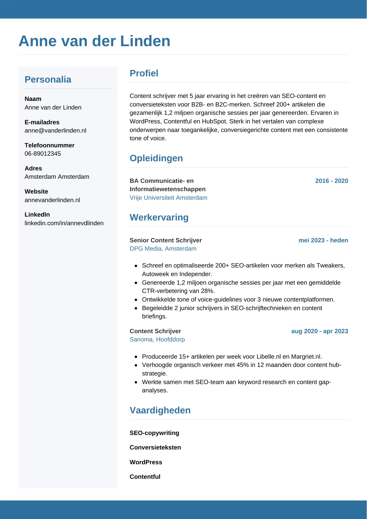 Voorbeeld CV voor content schrijver in template Horizontaal. CV Horizontaal voor content schrijver