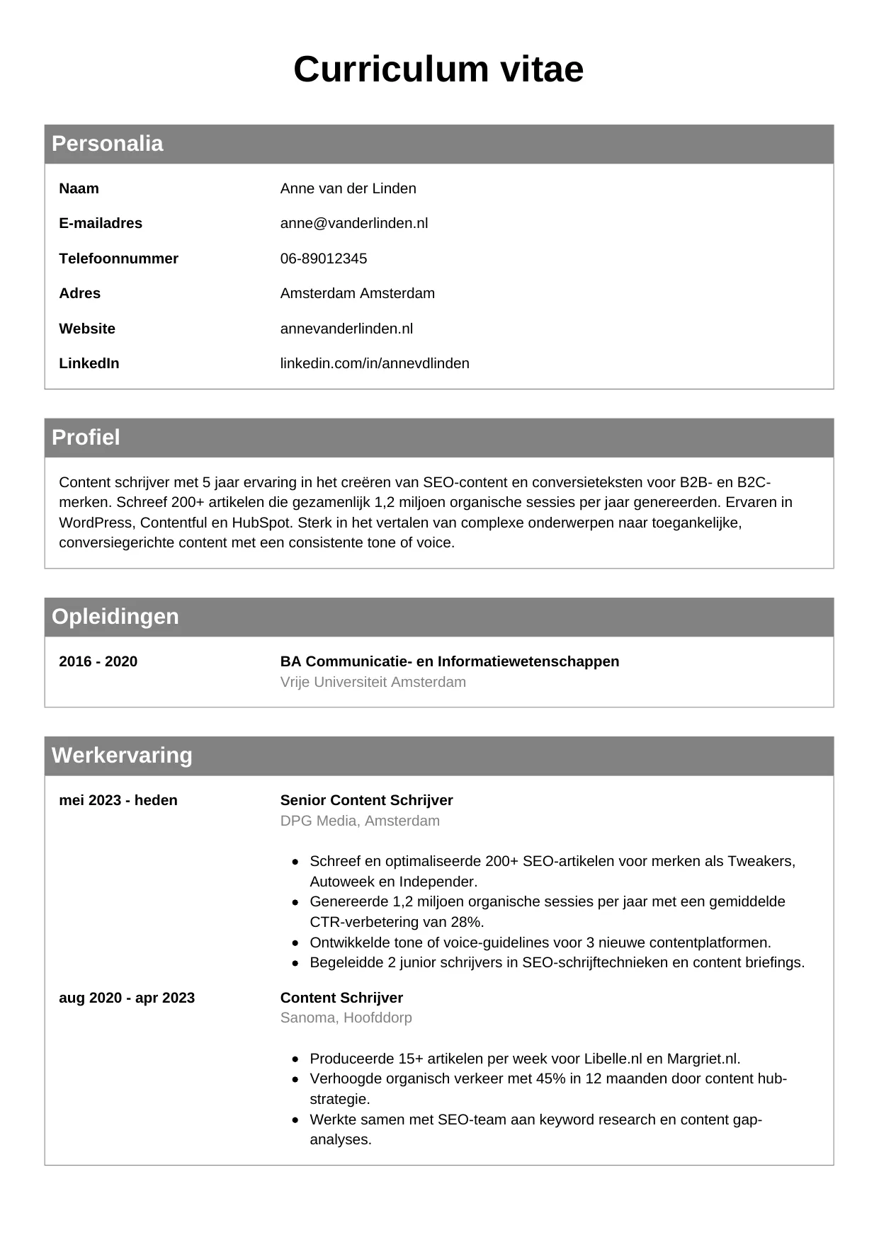 Voorbeeld CV voor content schrijver in template Klassiek. CV Klassiek voor content schrijver