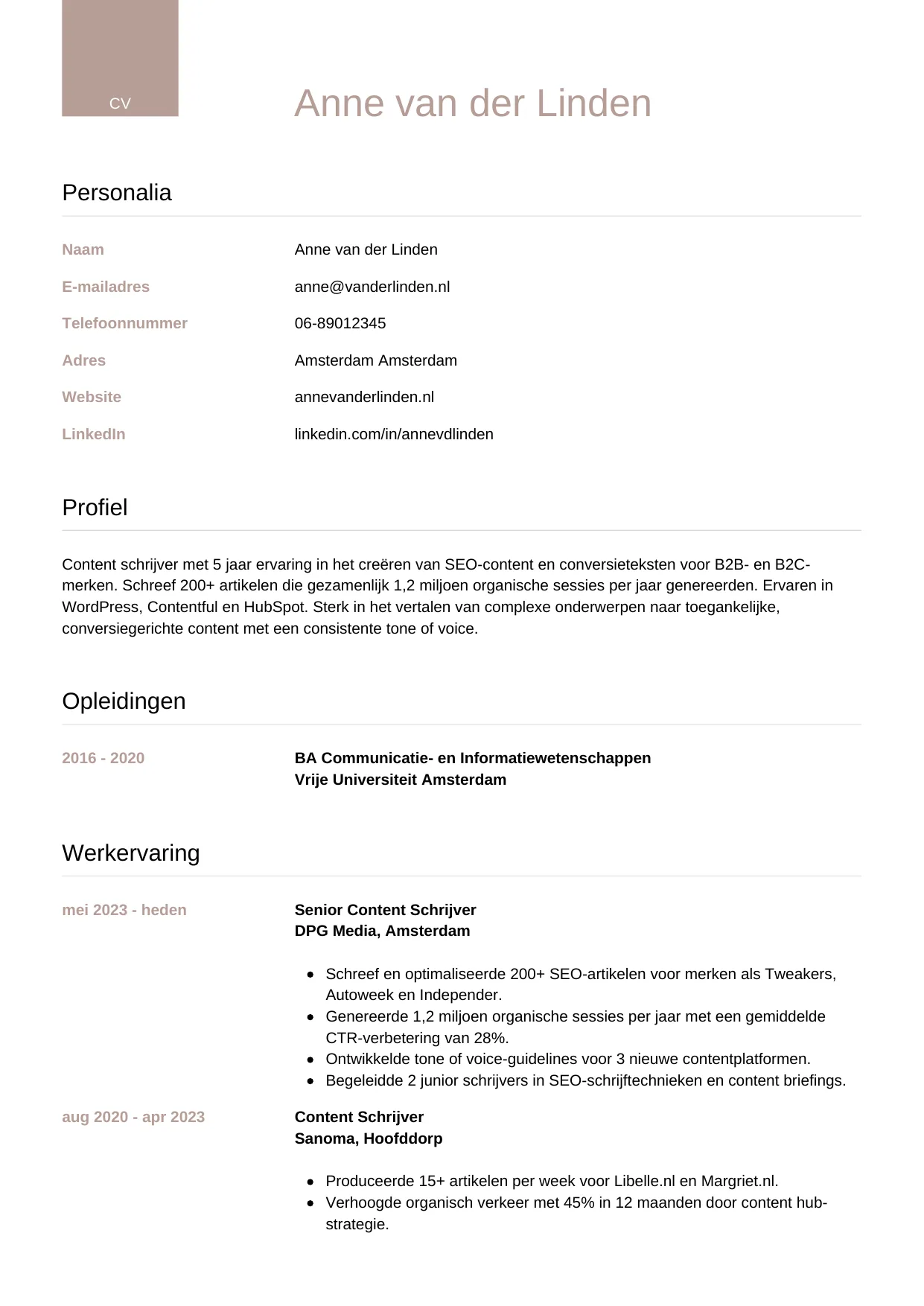 Voorbeeld CV voor content schrijver in template Luxe. CV Luxe voor content schrijver