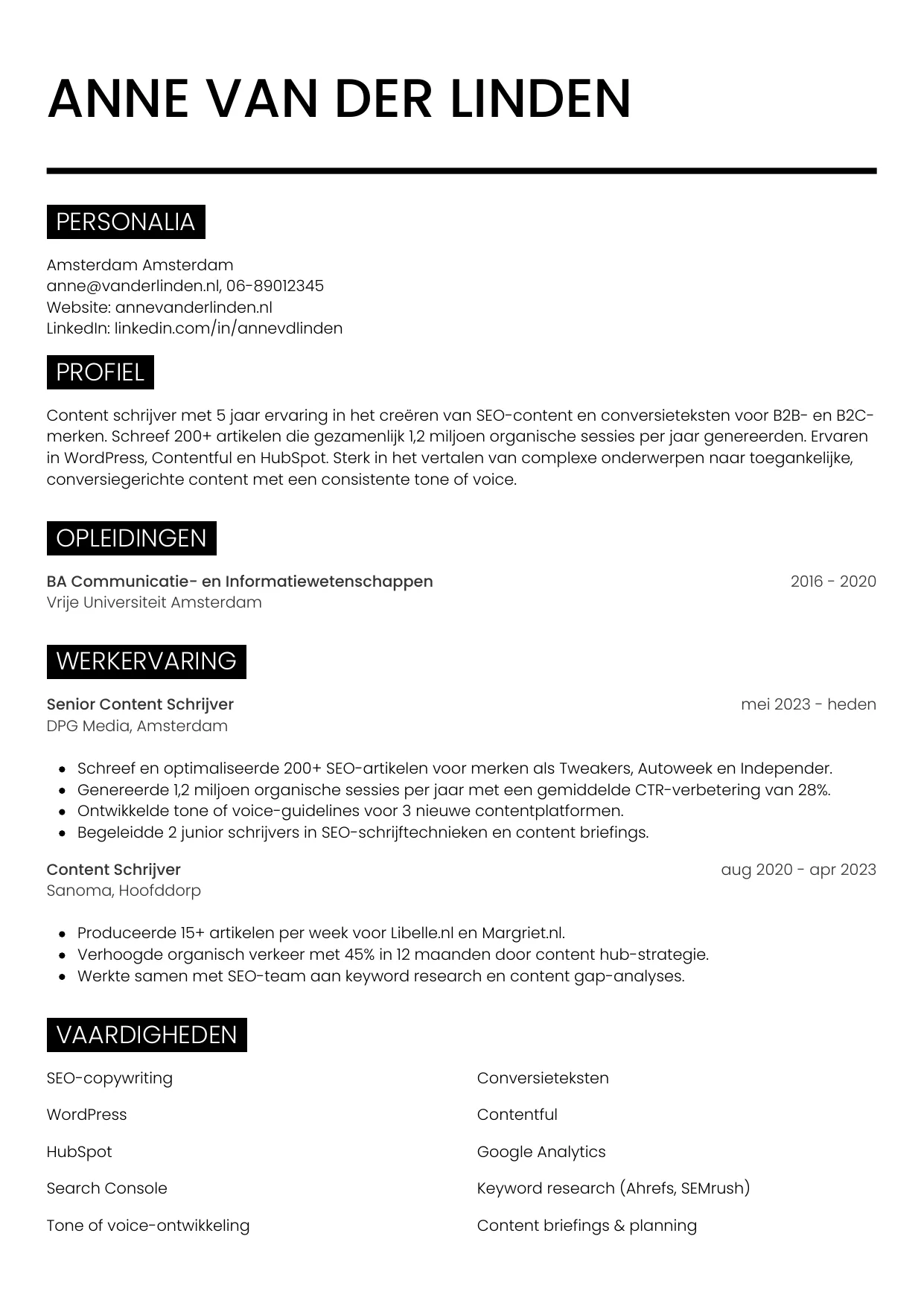 Voorbeeld CV voor content schrijver in template Metro. CV Metro voor content schrijver