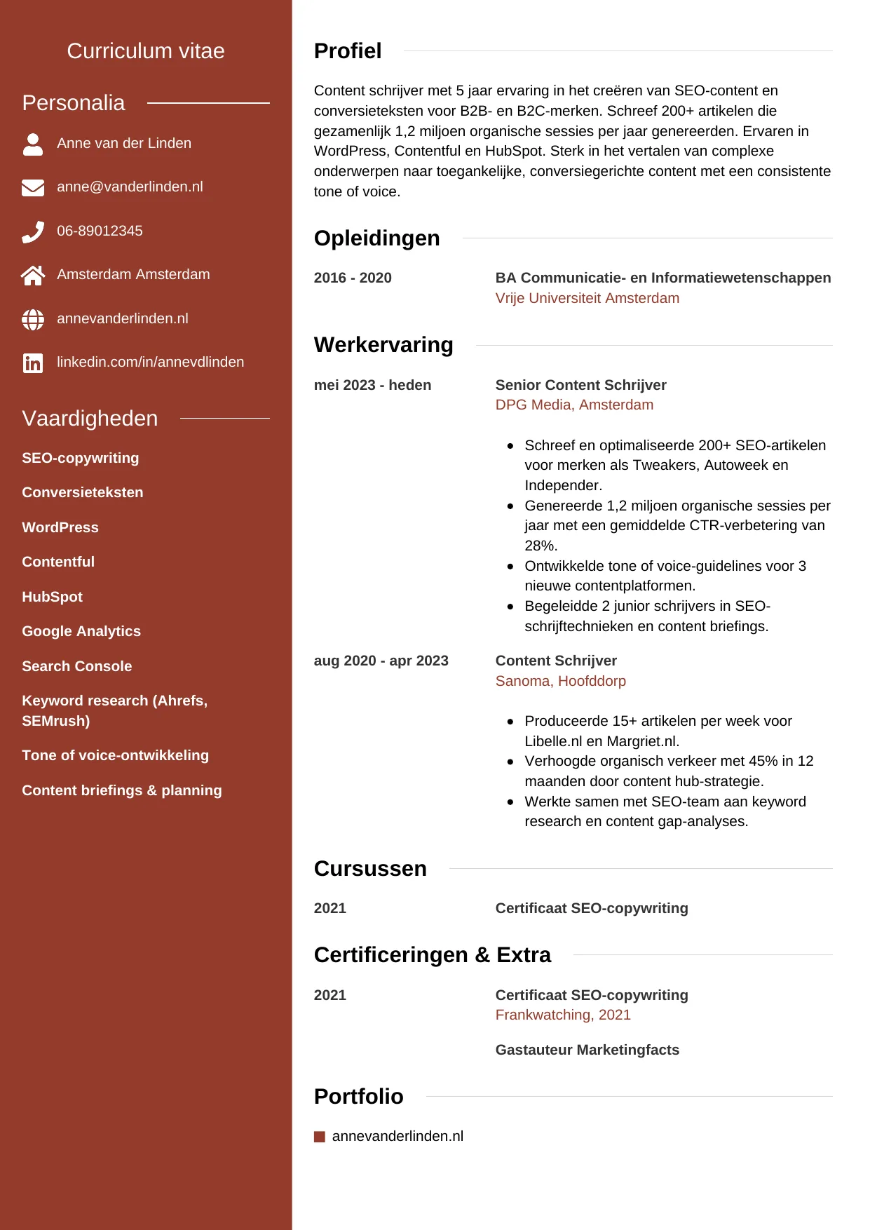 Voorbeeld CV voor content schrijver in template Modern. CV Modern voor content schrijver