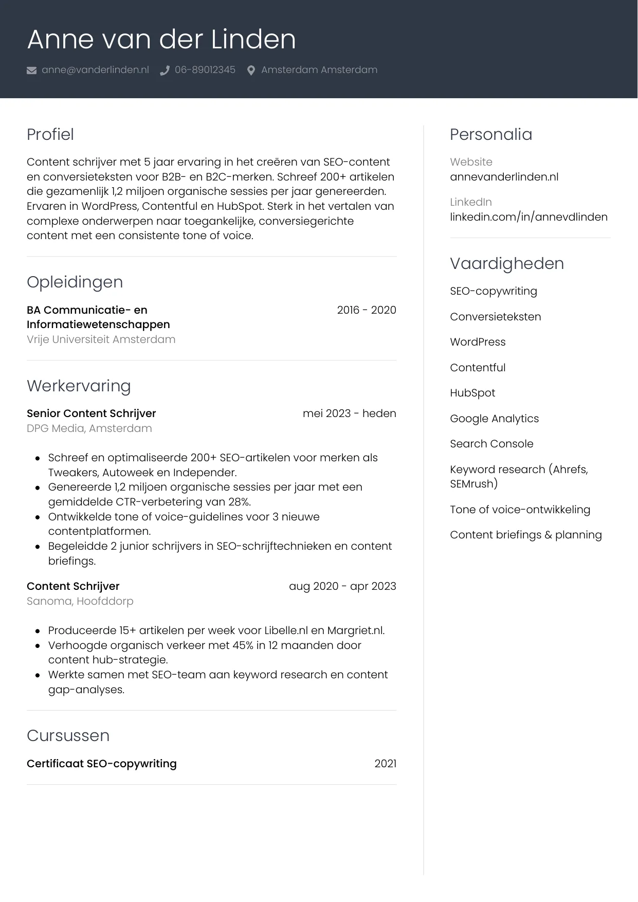 Voorbeeld CV voor content schrijver in template Professioneel. CV Professioneel voor content schrijver