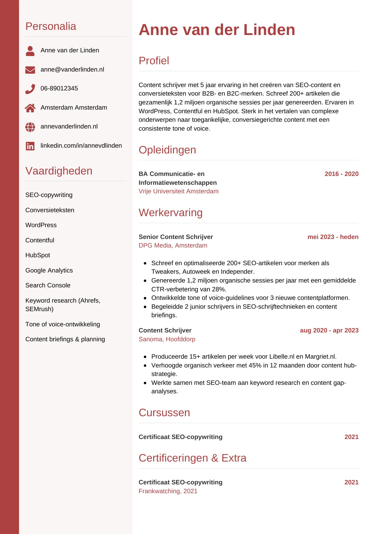 Voorbeeld CV voor content schrijver in template Verticaal. CV Verticaal voor content schrijver
