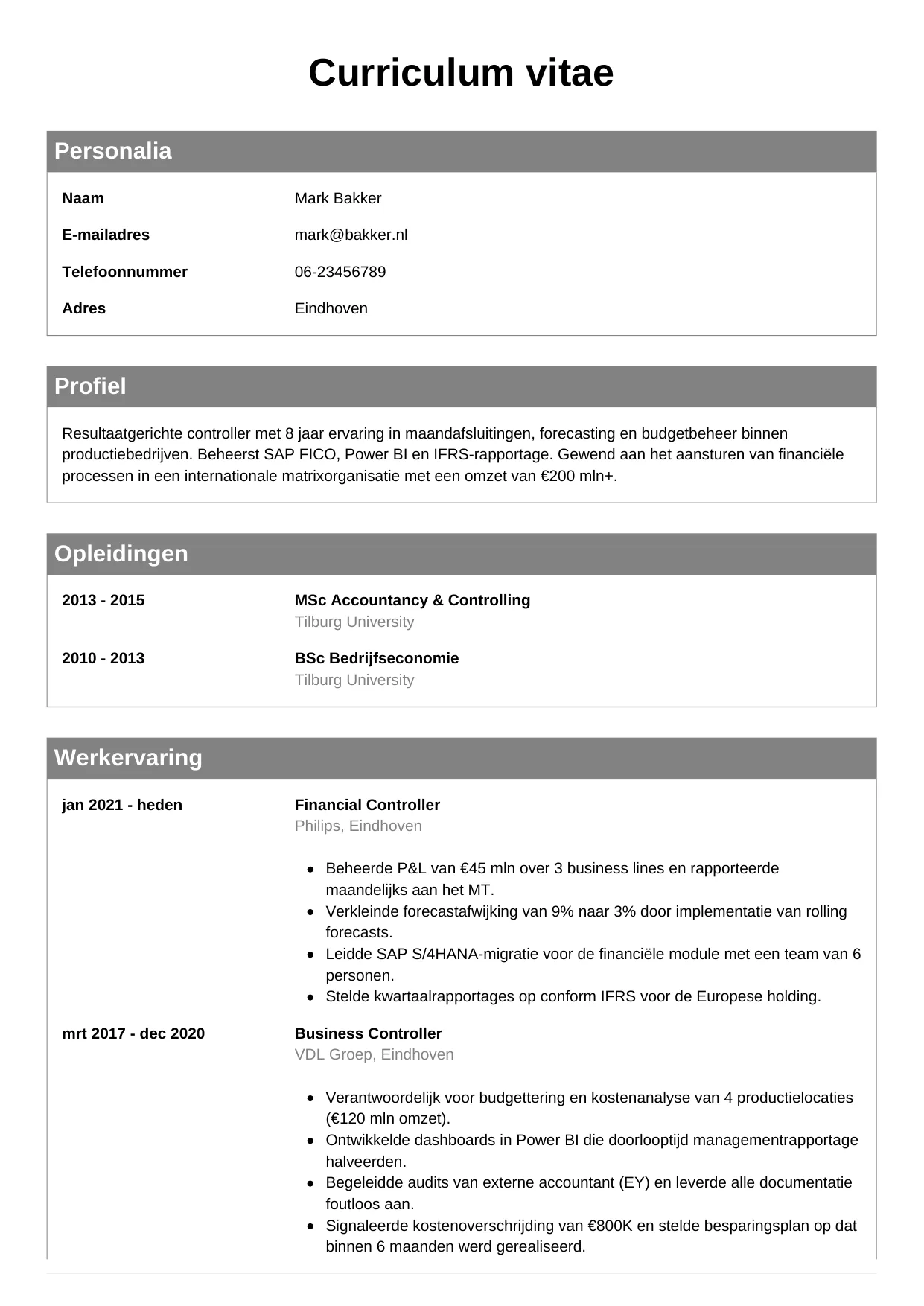 CV Klassiek voor controller