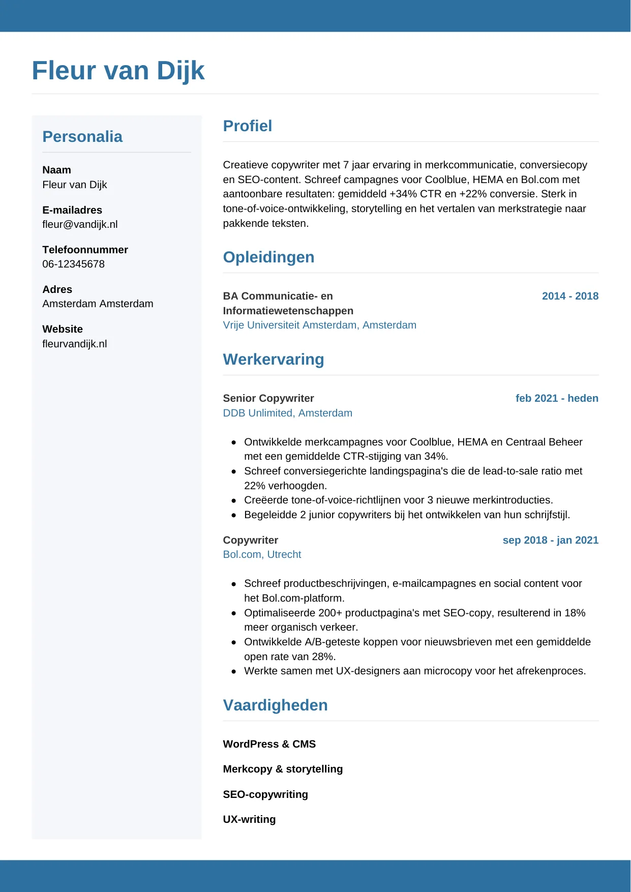 CV Horizontaal voor copywriter