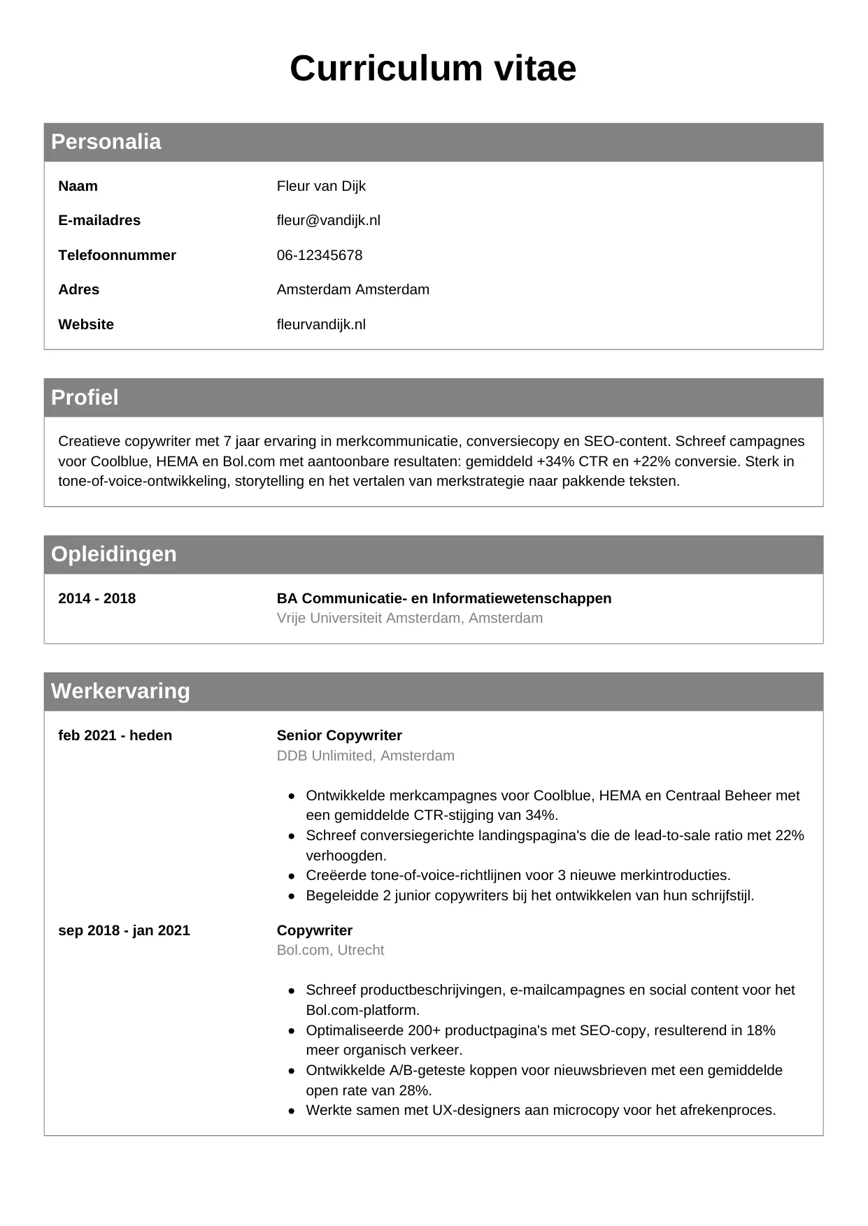 CV Klassiek voor copywriter