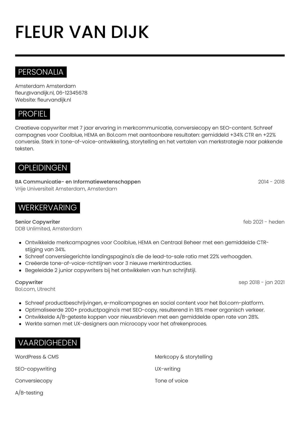 CV Metro voor copywriter