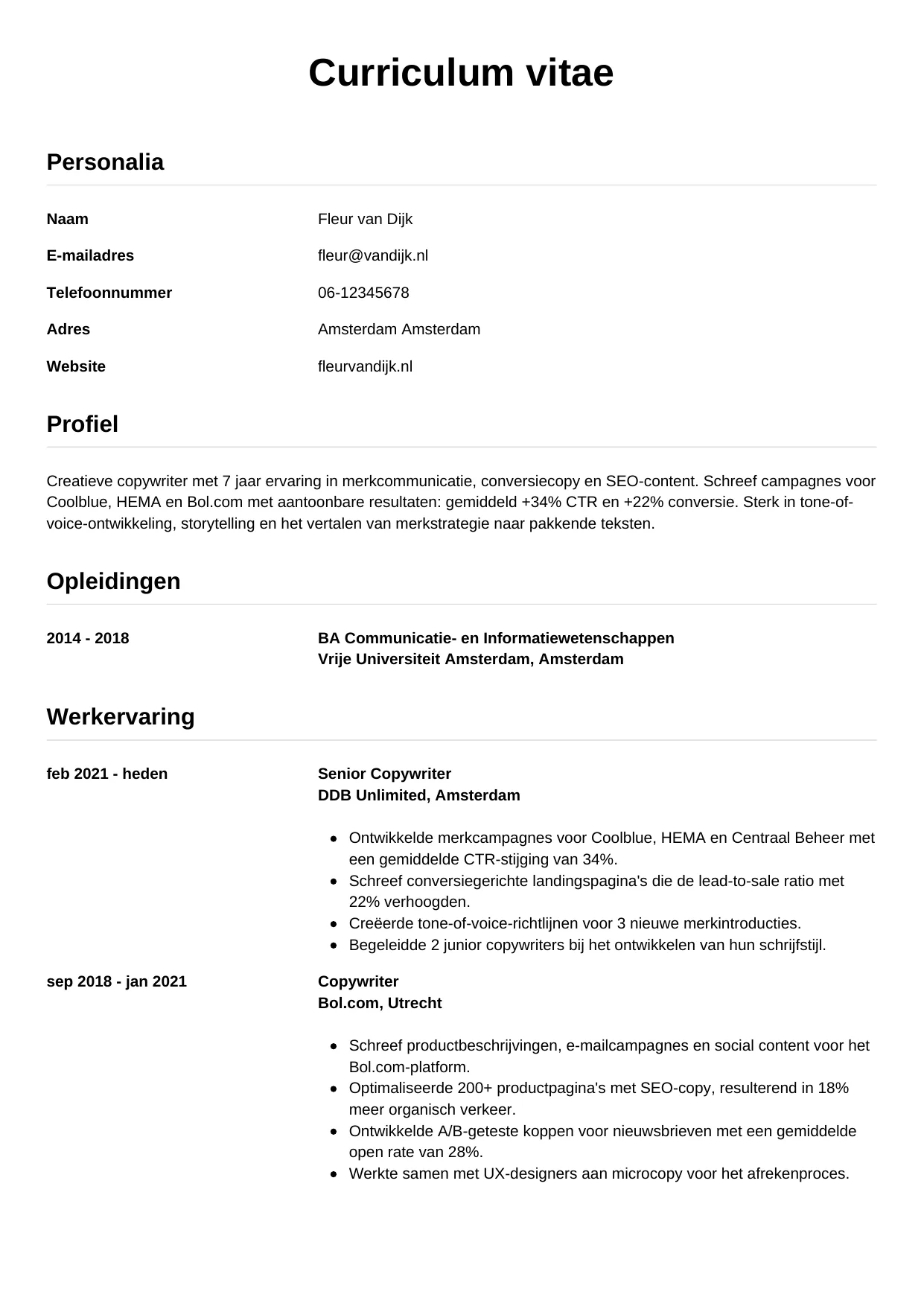 CV Simpel voor copywriter