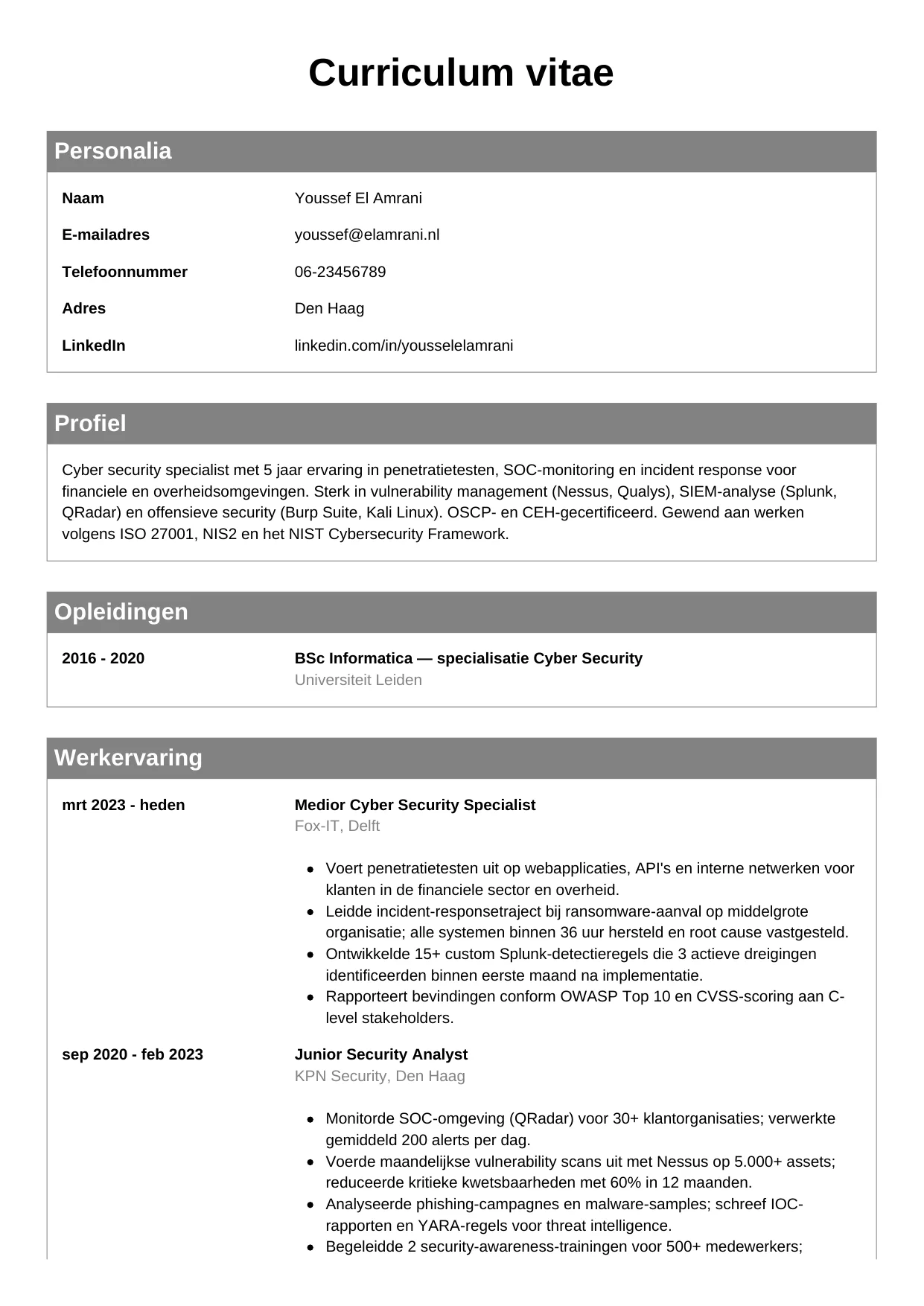 CV Klassiek voor cyber security specialist