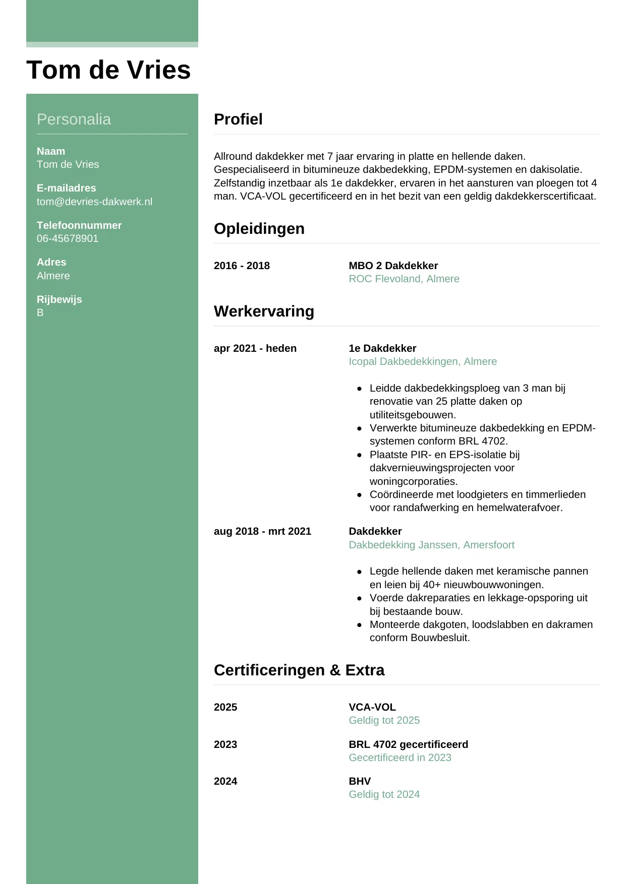 Voorbeeld CV voor dakdekker in template Casual. CV Casual voor dakdekker