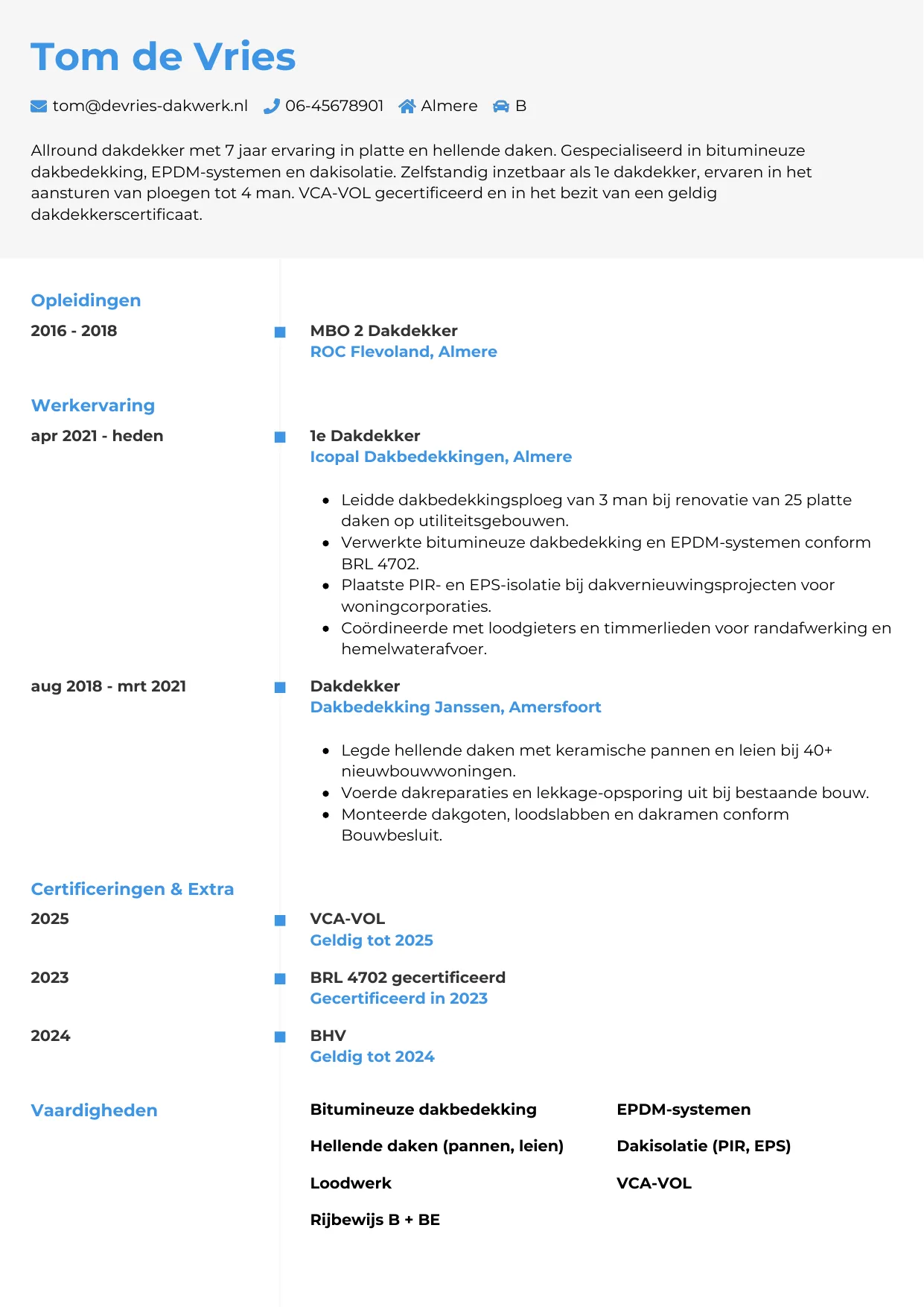 Voorbeeld CV voor dakdekker in template Chrono. CV Chrono voor dakdekker
