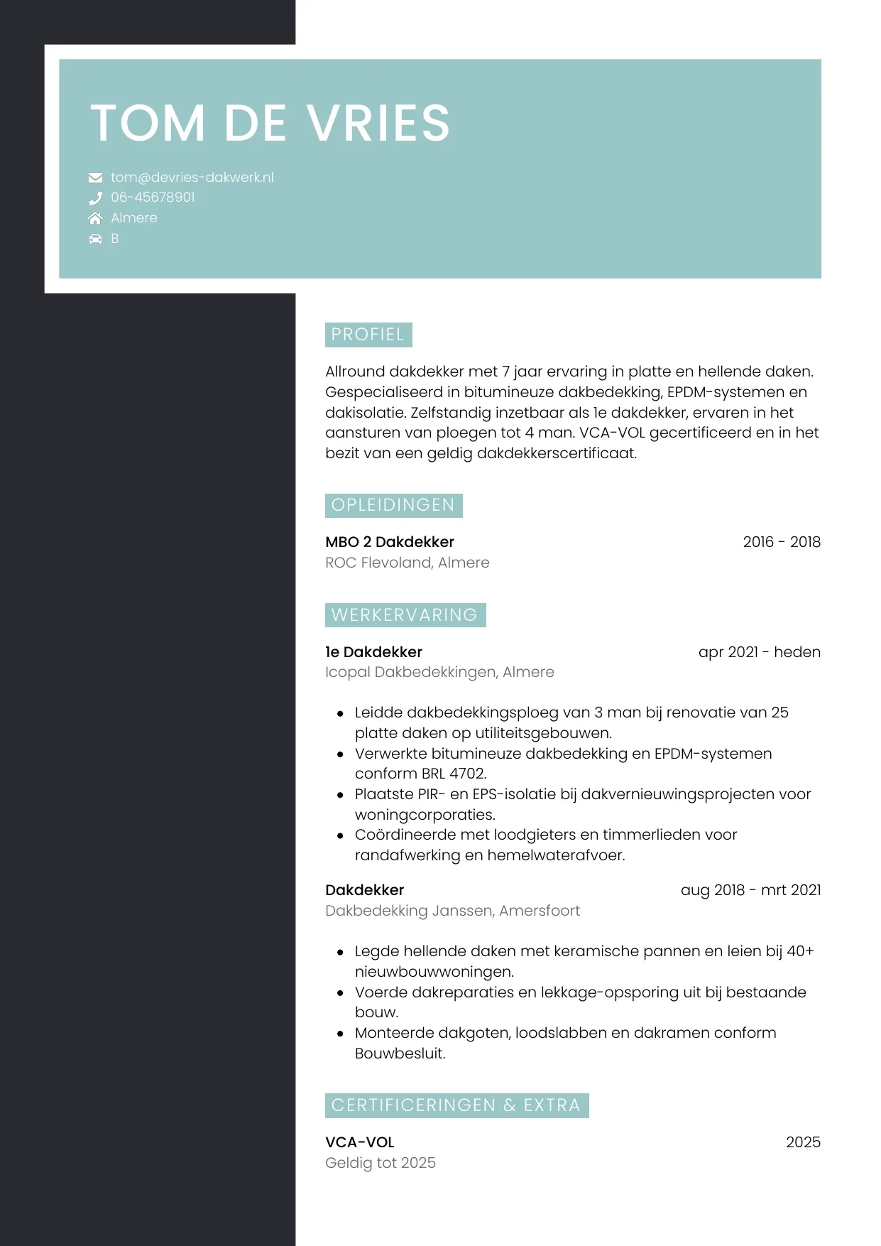 Voorbeeld CV voor dakdekker in template Elegant. CV Elegant voor dakdekker