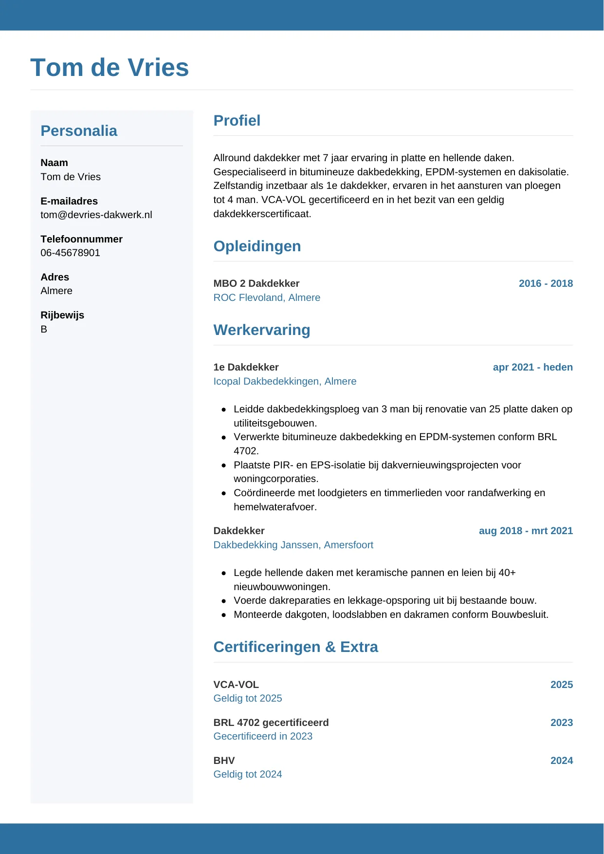 Voorbeeld CV voor dakdekker in template Horizontaal. CV Horizontaal voor dakdekker