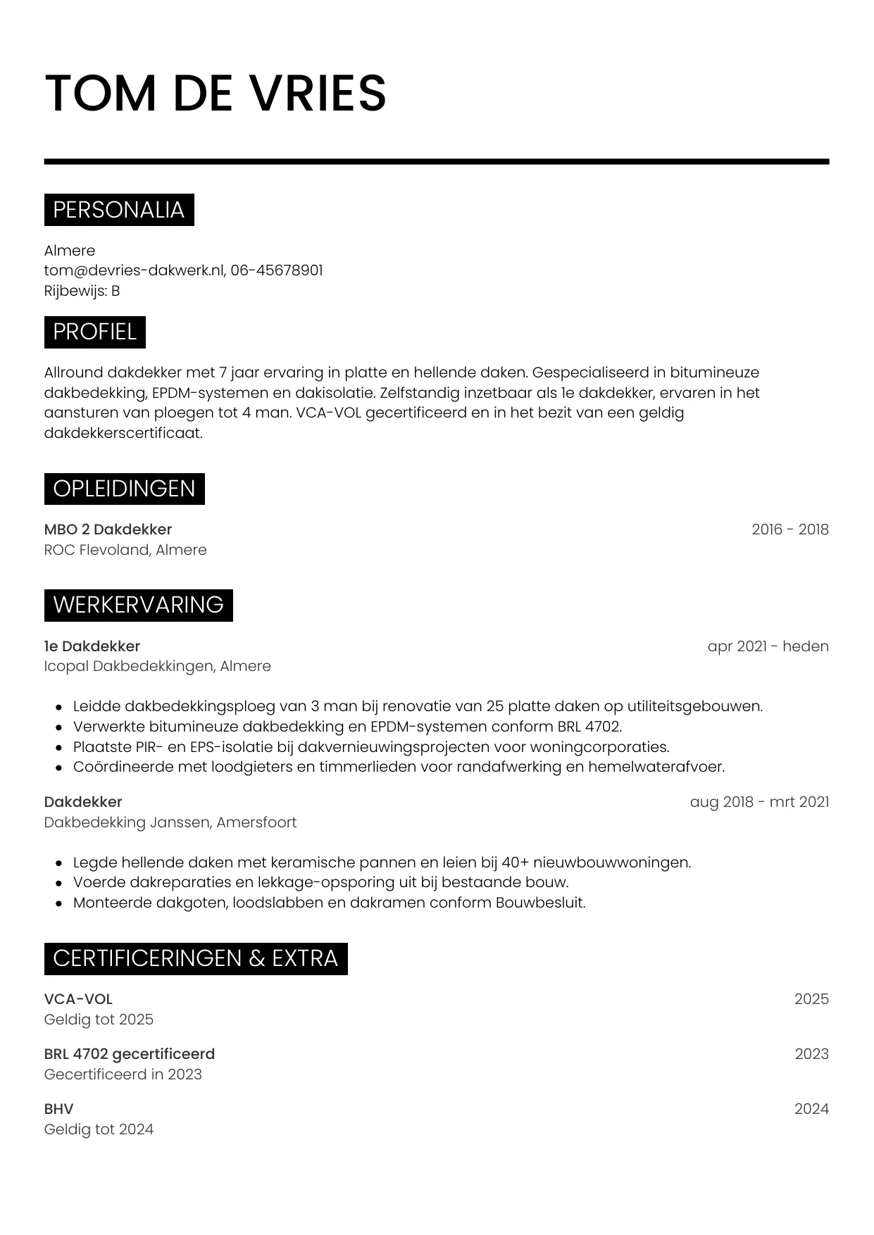 Voorbeeld CV voor dakdekker in template Metro. CV Metro voor dakdekker