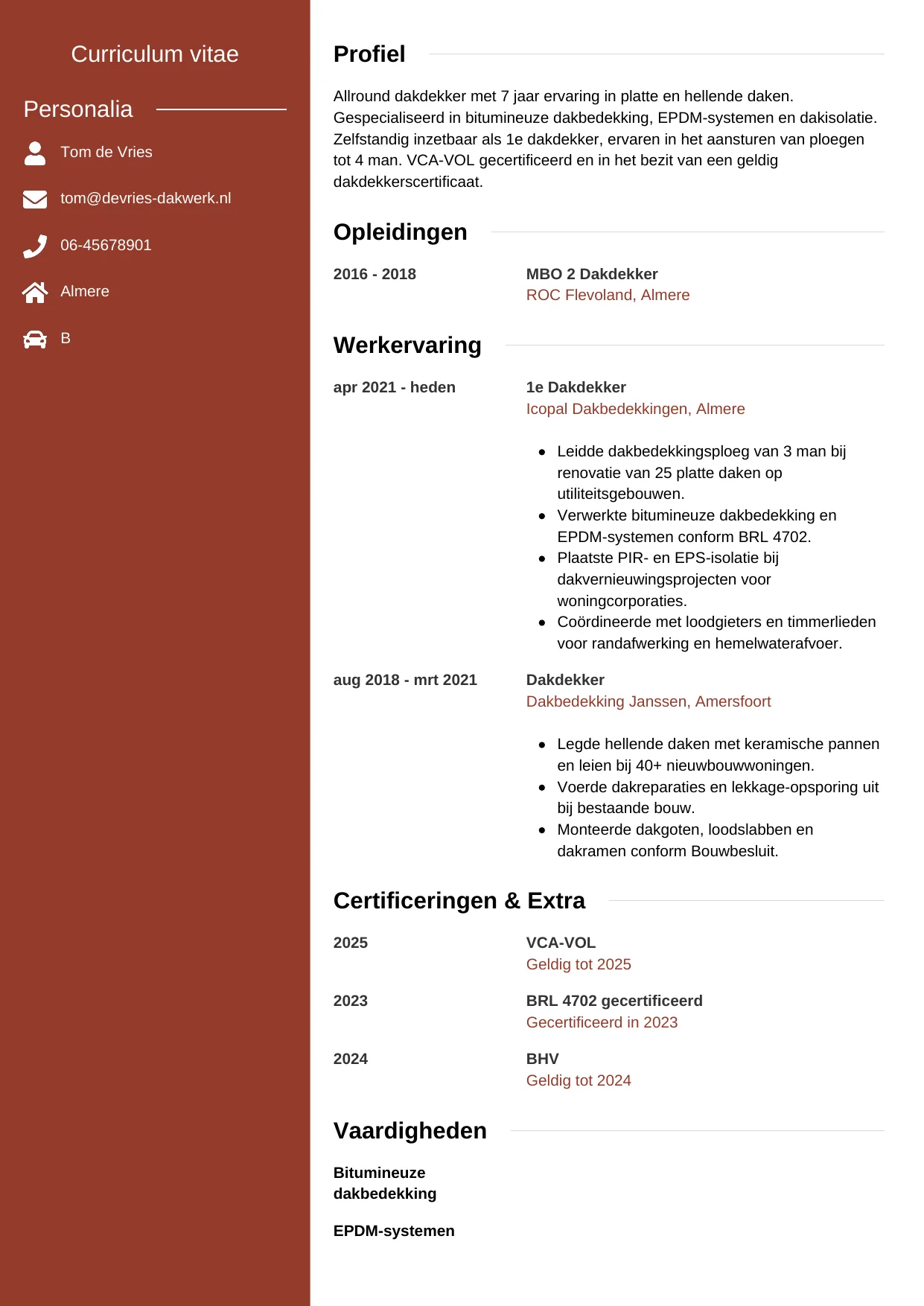 Voorbeeld CV voor dakdekker in template Modern. CV Modern voor dakdekker