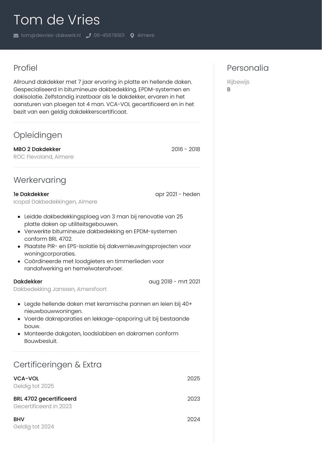 Voorbeeld CV voor dakdekker in template Professioneel. CV Professioneel voor dakdekker