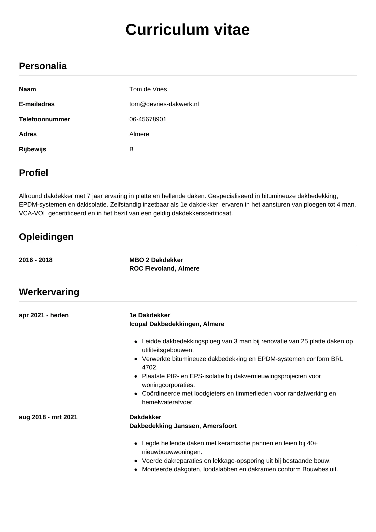 Voorbeeld CV voor dakdekker in template Simpel. CV Simpel voor dakdekker